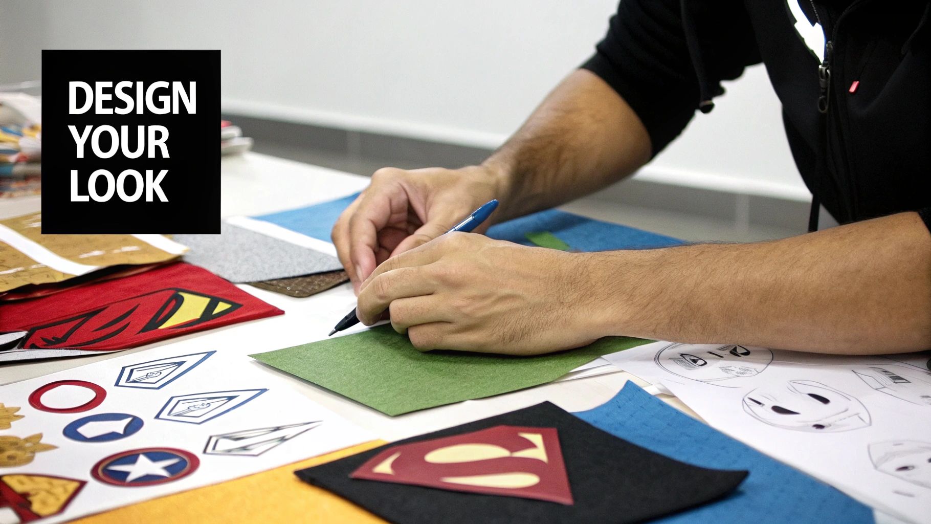 Hands crafting superhero-themed designs on a table with felt, paper, and various iconic logos.