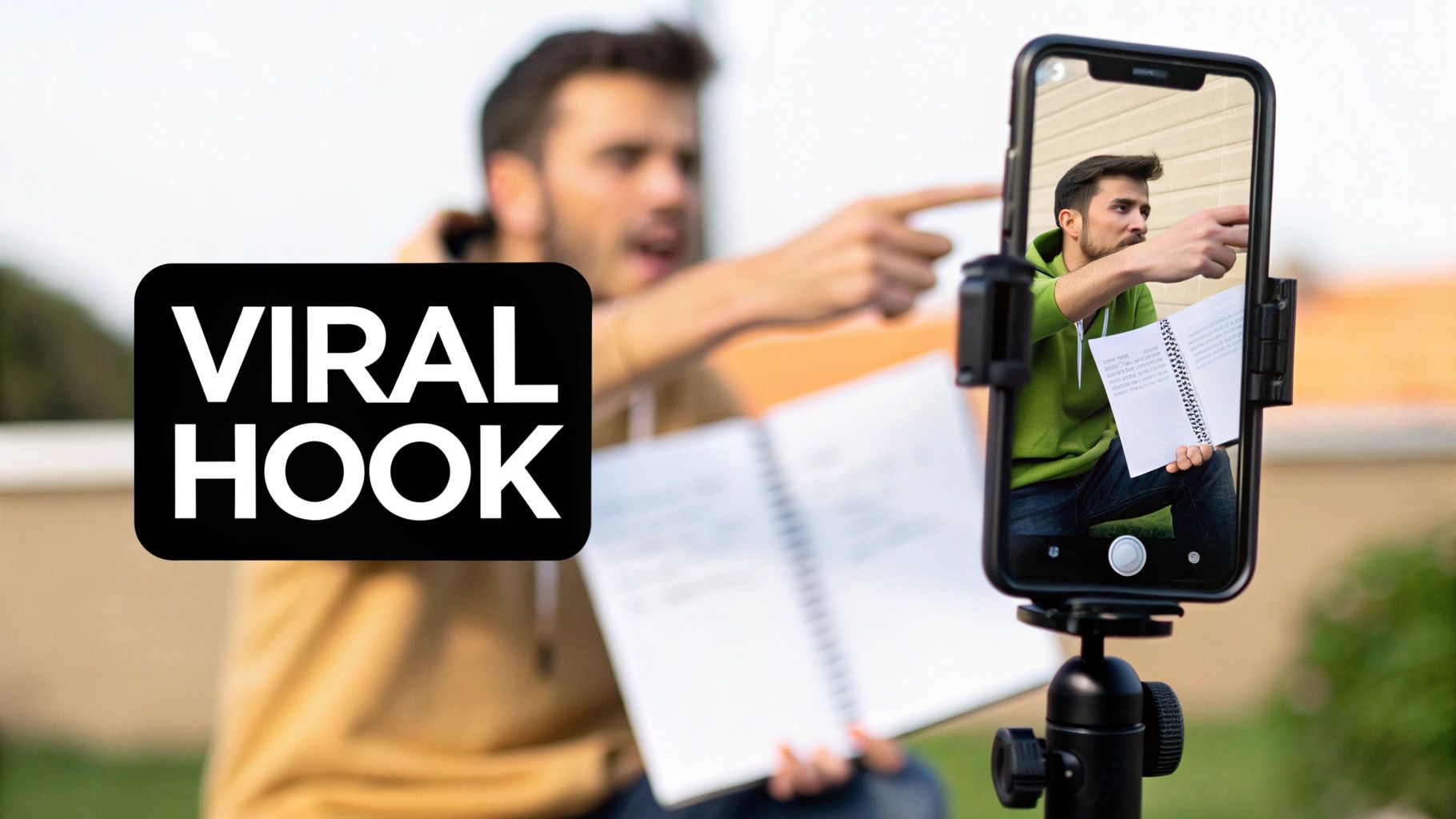 Man filming himself for social media content, holding a notebook, with 'VIRAL HOOK' text.