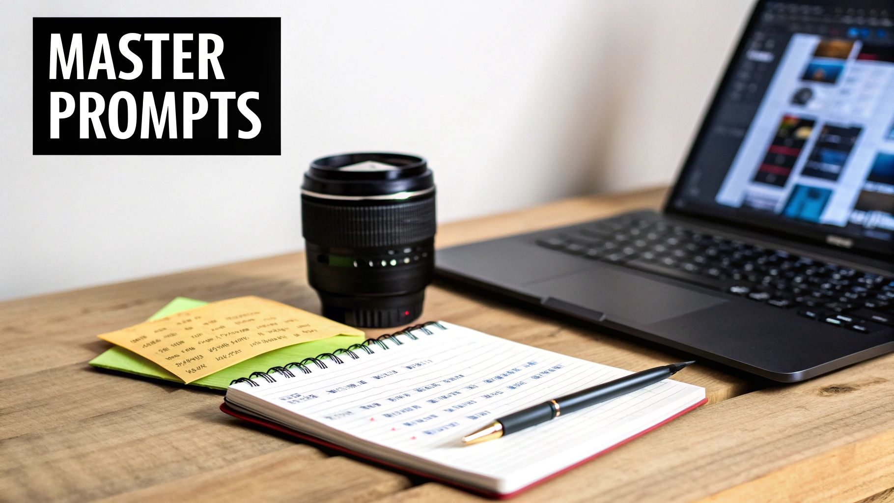 A creative desk setup with a laptop, camera lens, notebook, and a 'MASTER PROMPTS' sign.