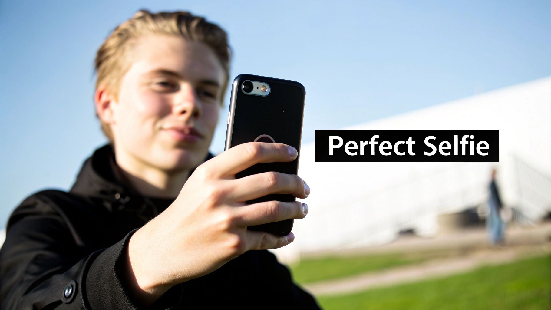 A young man with blonde hair smiles while holding a black smartphone to take a selfie outdoors.