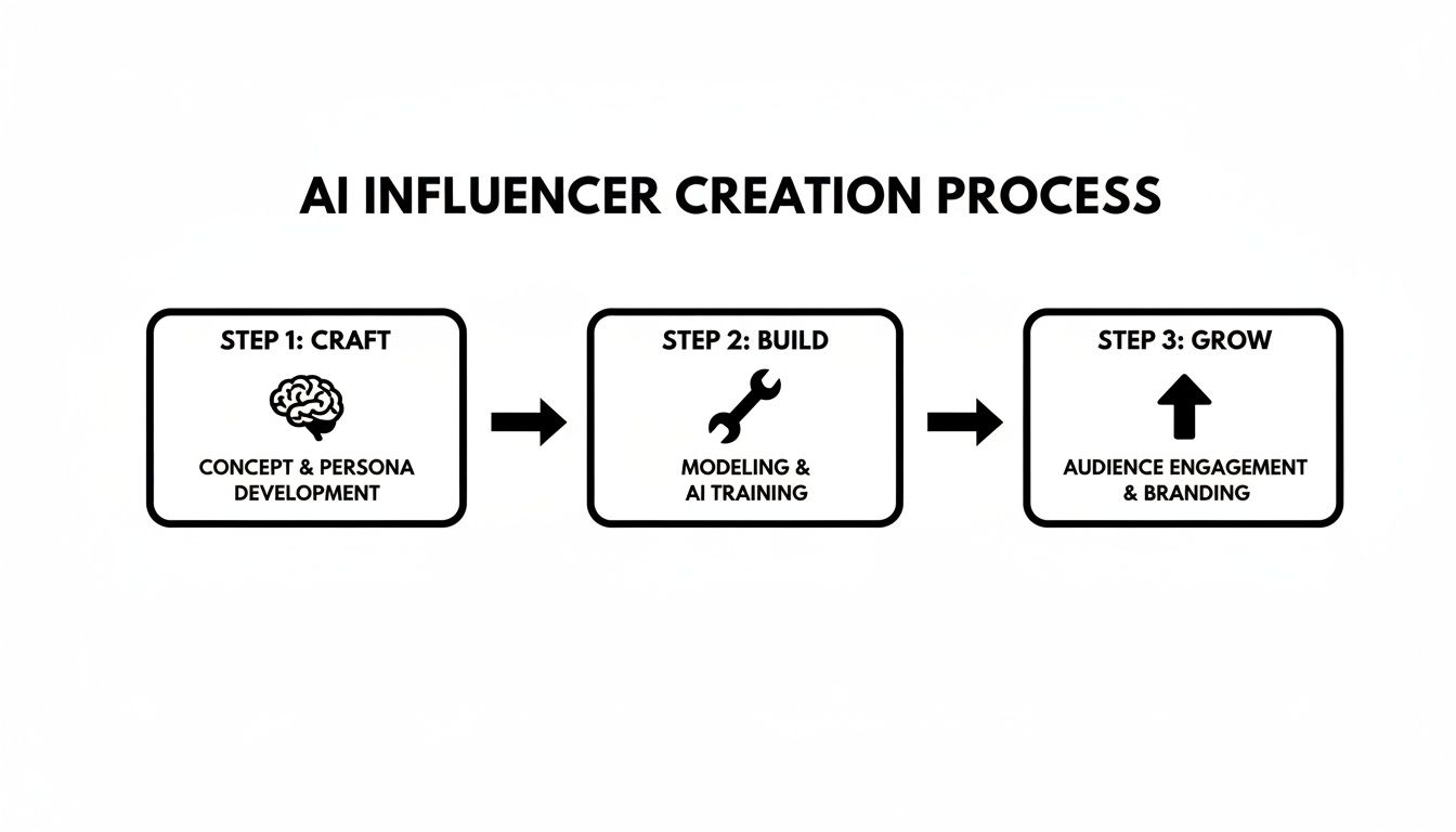 A flowchart showing the 3-step AI influencer creation process: craft, build, and grow.