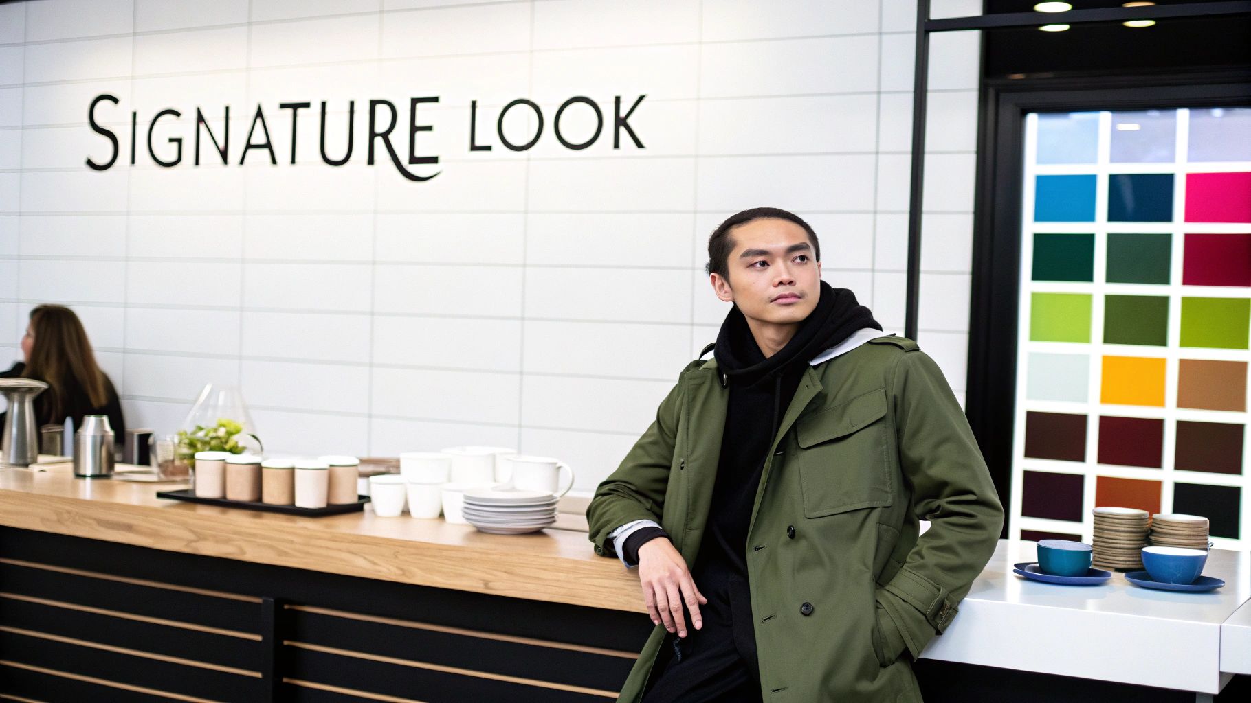 AI-generated image of a stylish woman in a cafe, representing a custom online persona