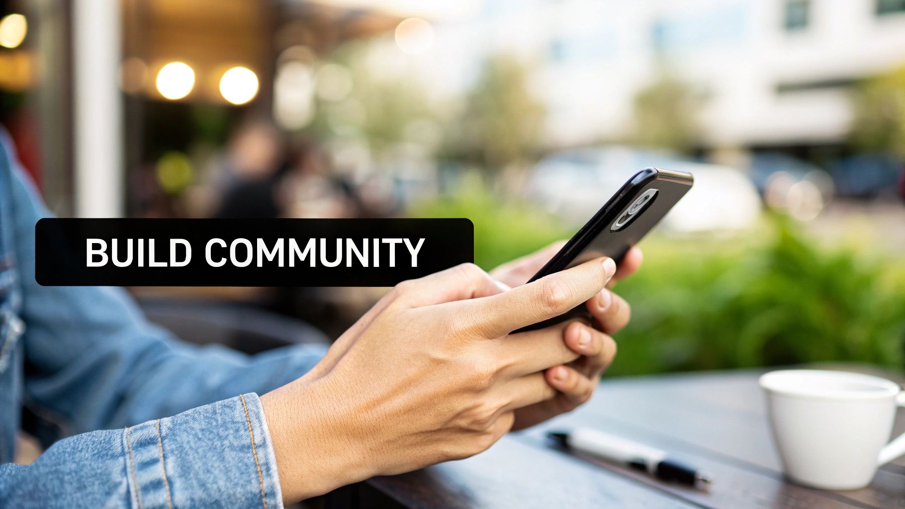 A person holds a smartphone displaying 'BUILD COMMUNITY', sitting at an outdoor cafe with a coffee.