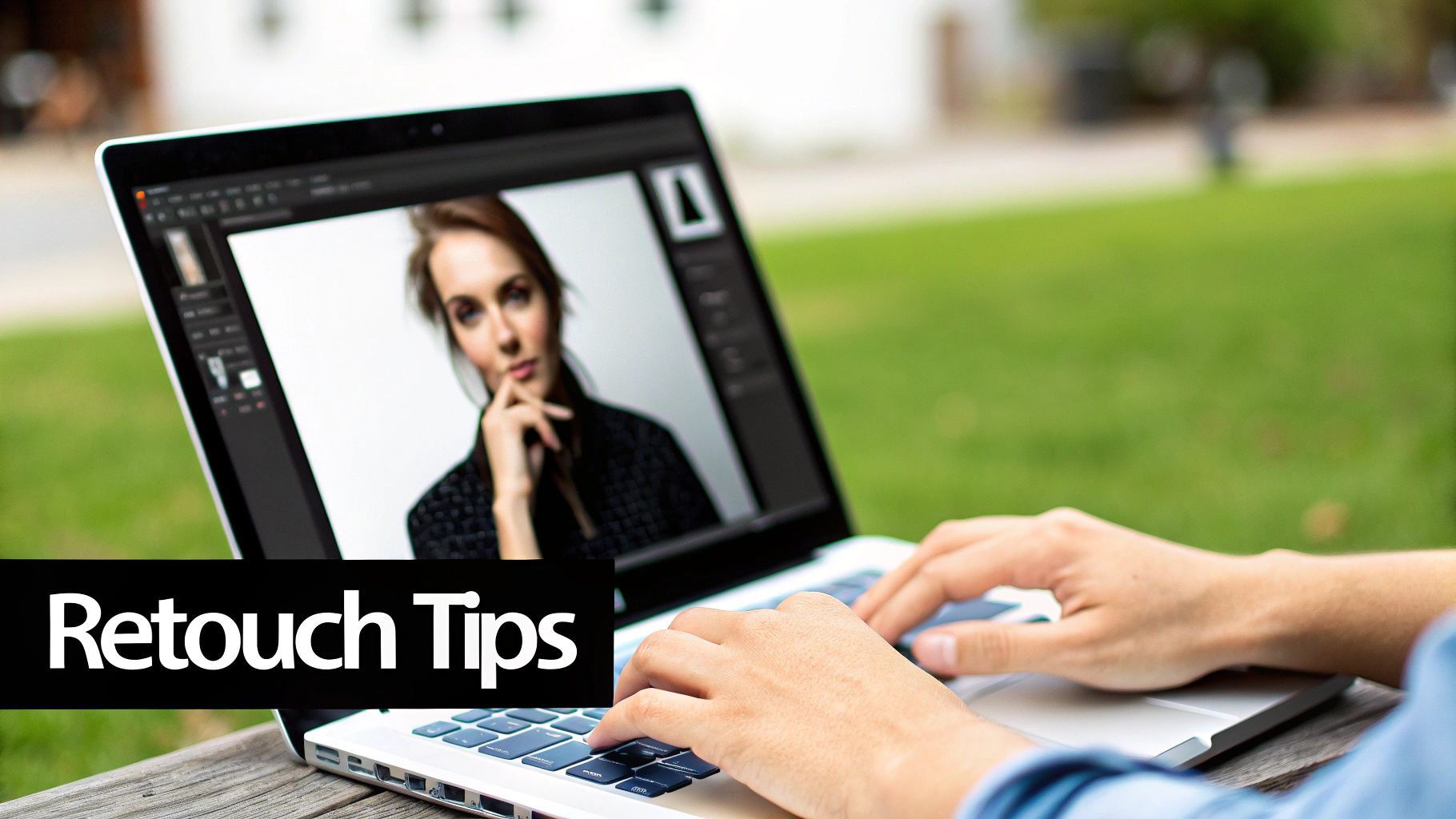 An AI-generated headshot being edited on a computer screen to fix minor imperfections.