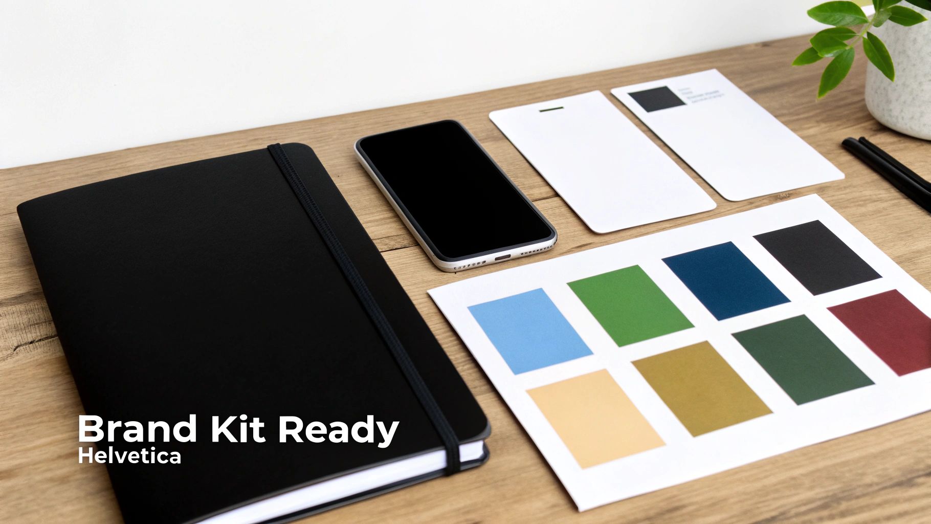 A flat lay of brand identity tools on a wooden desk, including a notebook, smartphone, business cards, and color palette swatches.