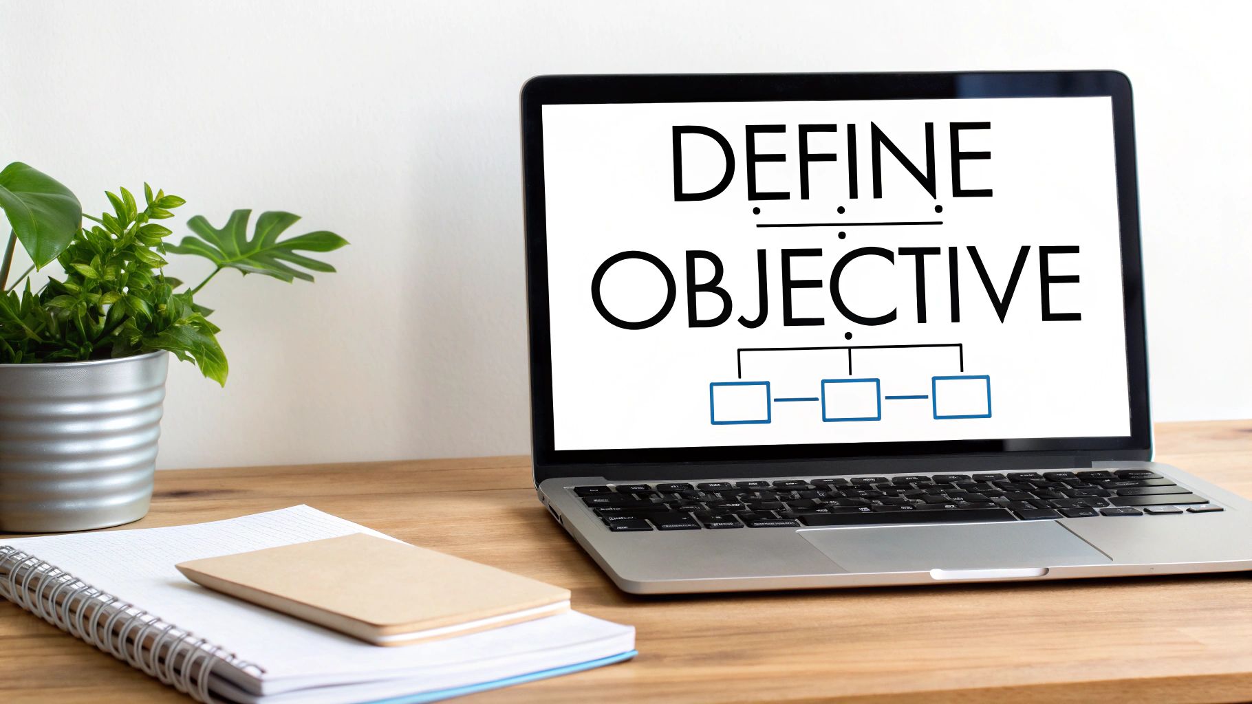 A laptop on a wooden desk displays 'DEFINE OBJECTIVE' and a flowchart, next to a plant and notebooks.