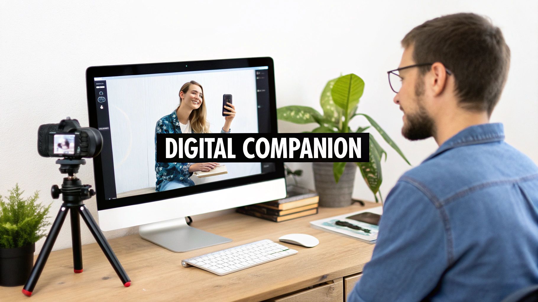 A man with glasses at a desk, looking at a computer displaying a woman, with a camera and plants.