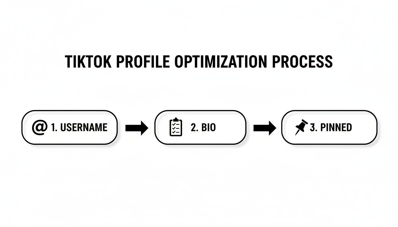 Flowchart illustrating the TikTok profile optimization process, covering username, bio, and pinned content.