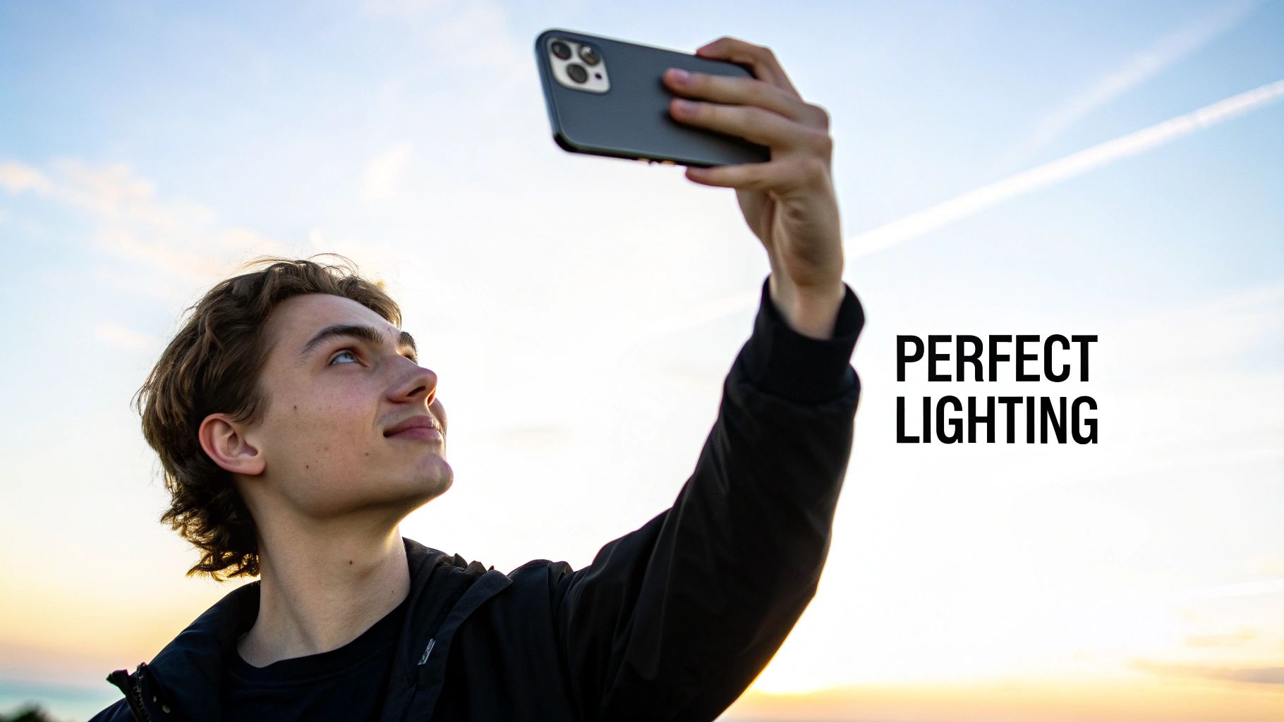 Young man taking a selfie with a smartphone against a bright, clear sky, demonstrating perfect lighting.