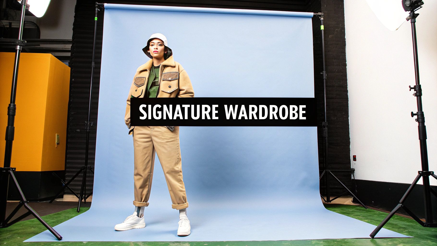 Model in a tan jacket, khaki pants, and white hat poses, showcasing signature wardrobe.