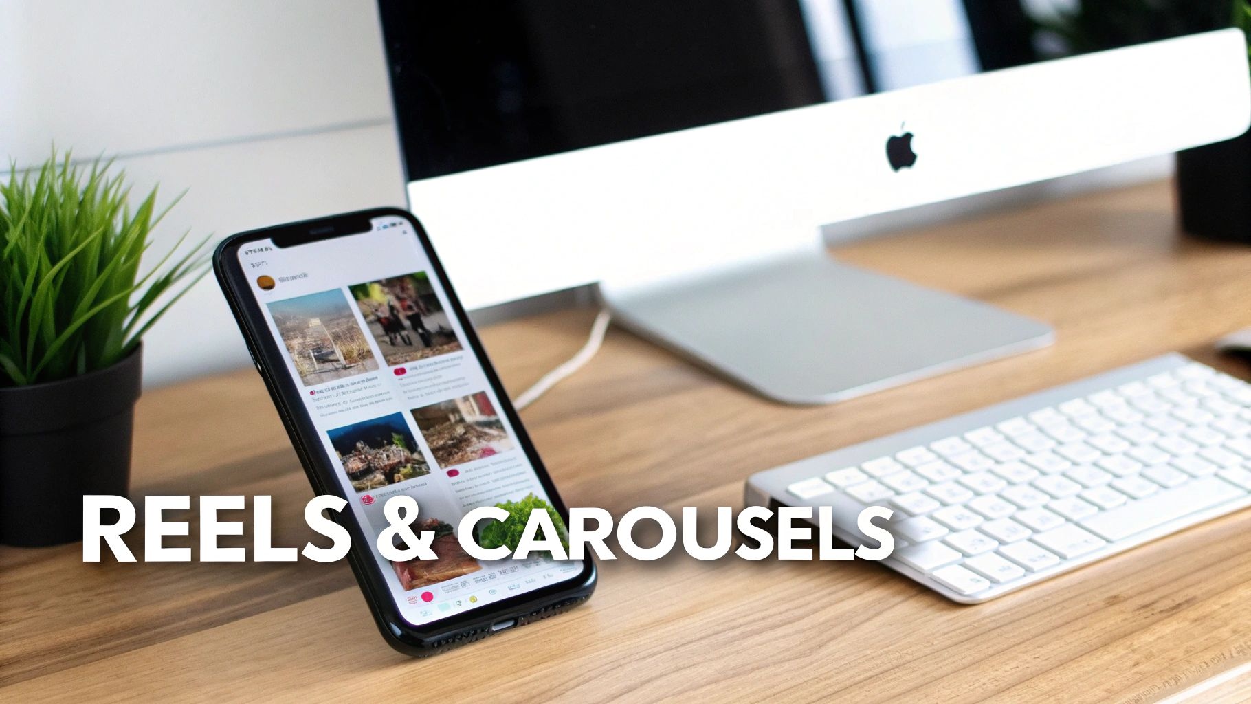 A smartphone displaying social media content, an iMac, and keyboard on a wooden desk, with "REELS & CAROUSELS" text.