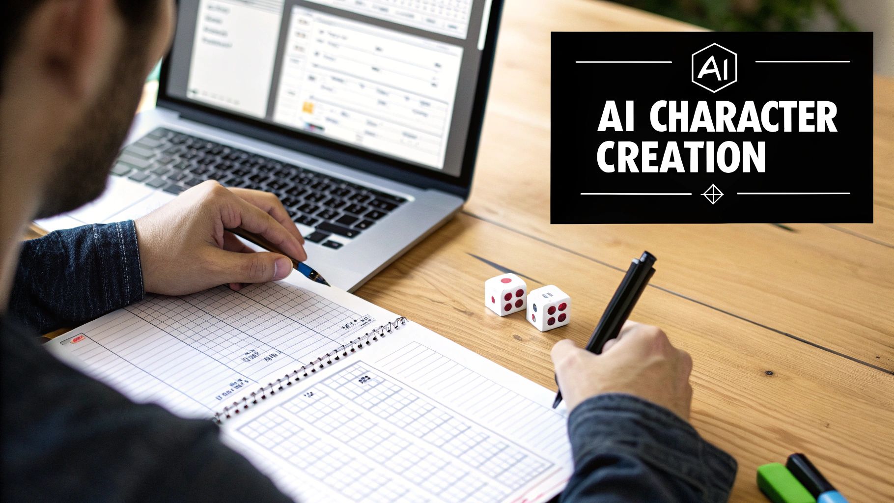 A person writing in a notebook at a desk with a laptop, dice, and an 'AI Character Creation' sign.