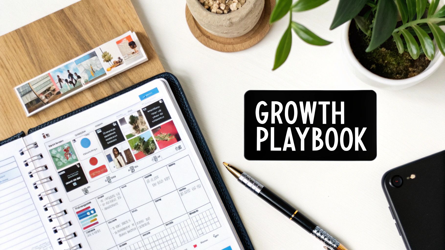 A flat lay of a workspace with a 'GROWTH PLAYBOOK' sign, notebook, pen, phone, and plants.