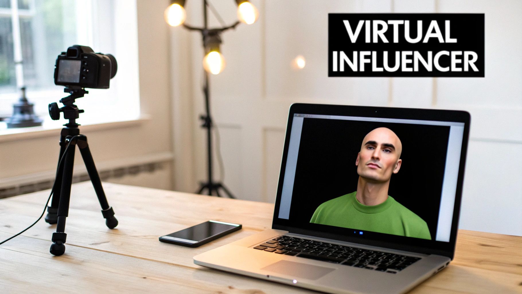 Laptop displays a virtual influencer, with a camera and phone on a light wooden desk.