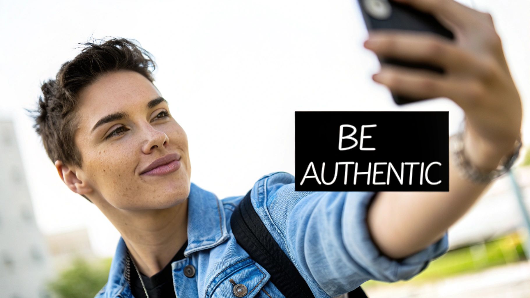 A person with short hair and freckles smiles while taking a selfie, with 'BE AUTHENTIC' text overlay.
