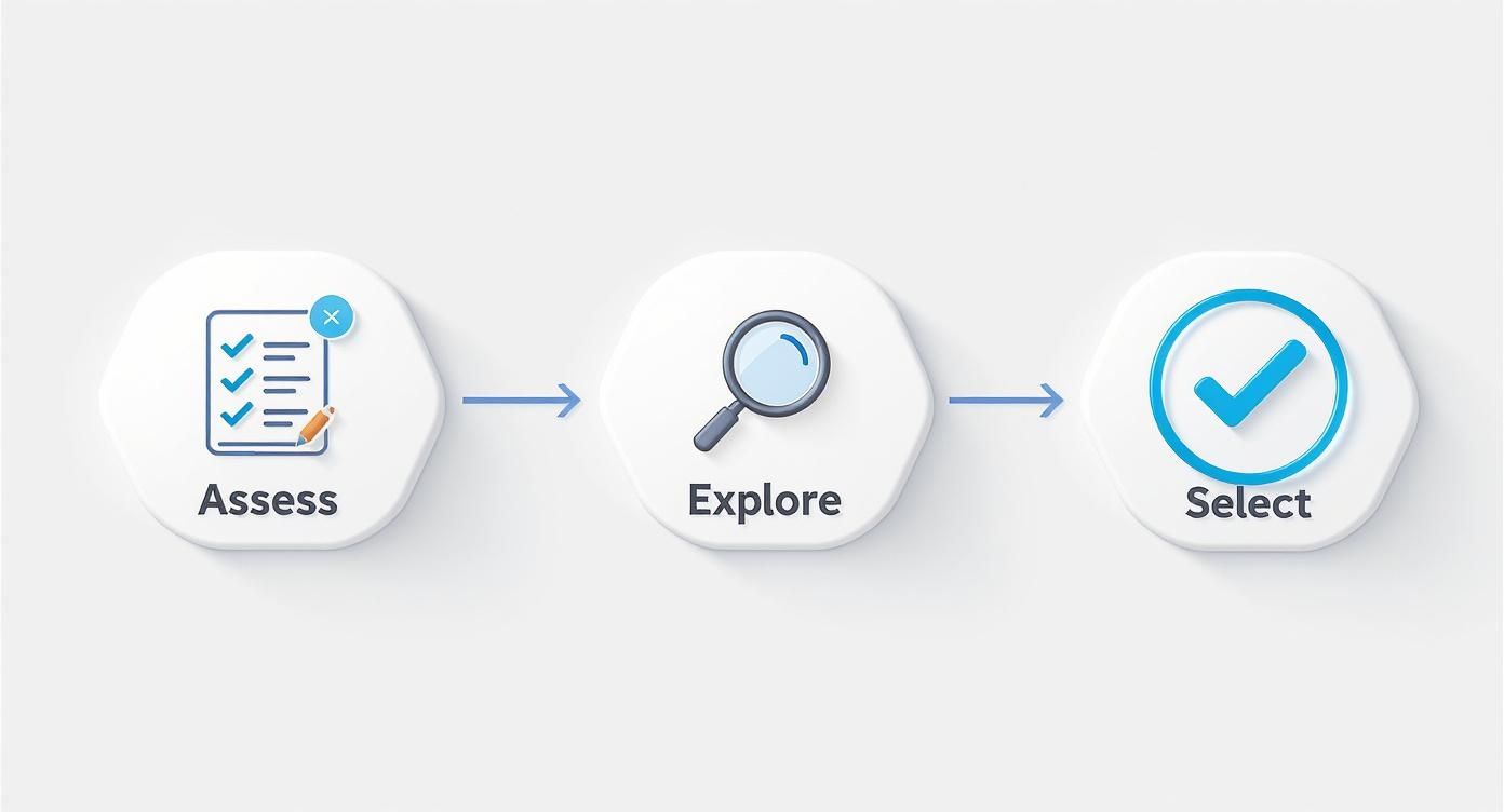 Workflow diagram with hexagonal icons for Assess (checklist), Explore (magnifying glass), and Select (checkmark).