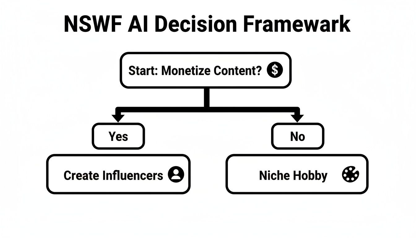 A flowchart titled 'NSFW AI Decision Framework' showing paths for monetizing content to create influencers or a niche hobby.
