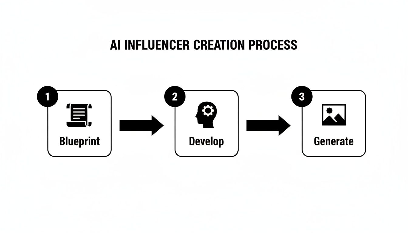Diagram outlining the three steps of the AI influencer creation process: Blueprint, Develop, Generate.