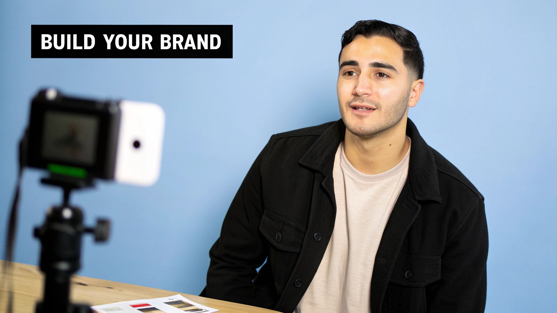 A man records a video about building your brand, with a camera and text overlay.