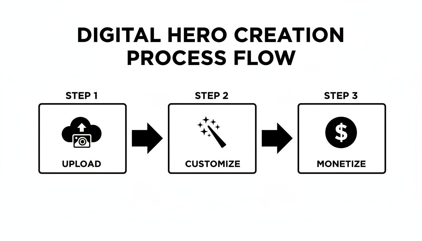 Flowchart detailing the three steps of digital hero creation: upload, customize, and monetize.