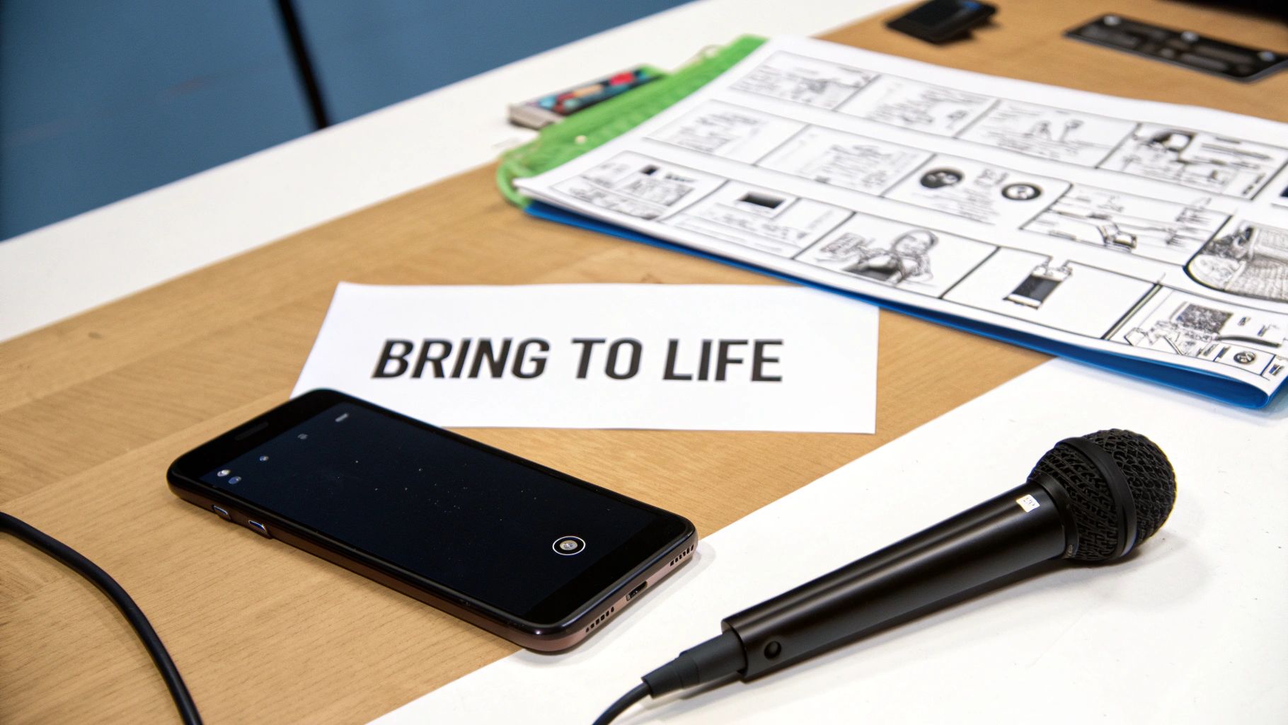 A smartphone, microphone, and a 'BRING TO LIFE' sign on a table, suggesting content creation.