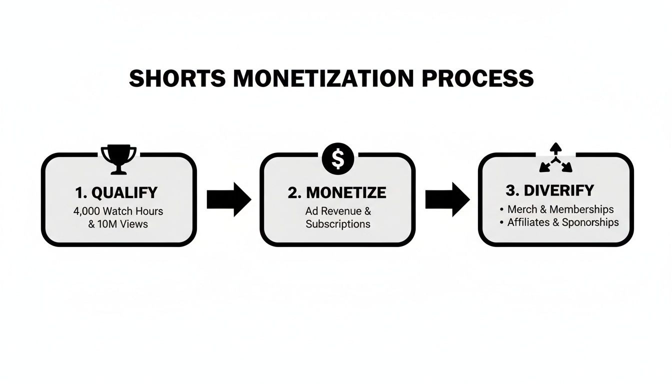Infographic detailing the three-step YouTube Shorts monetization process, from qualifying to diversifying income.