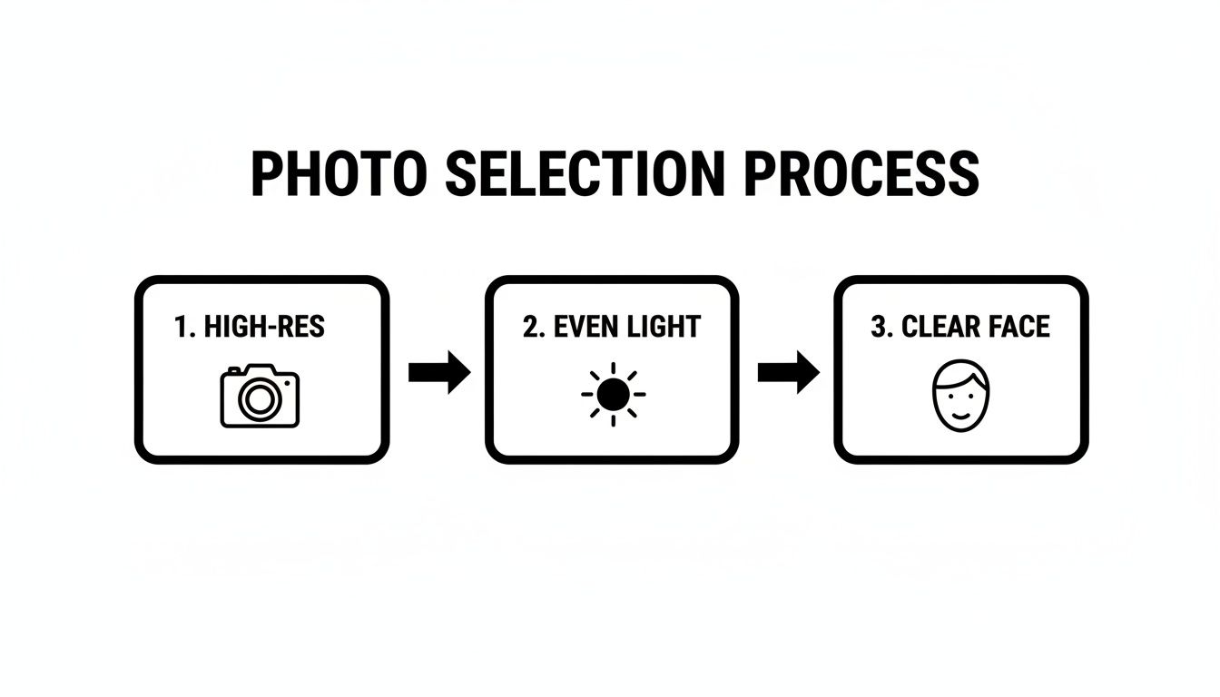 A clear flowchart illustrates a photo selection process with three steps: high-res, even light, and clear face.