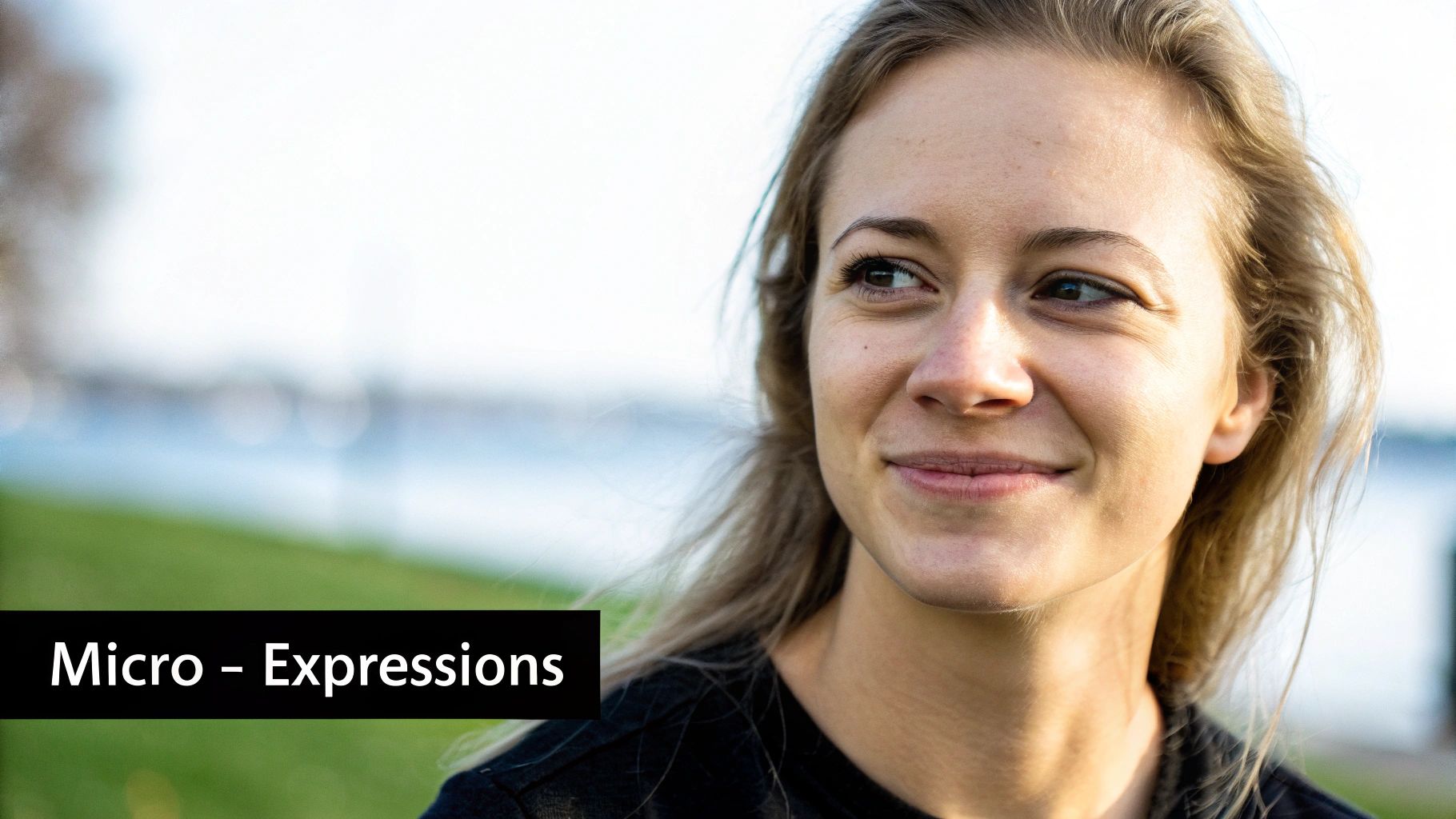A smiling young woman looking away with blonde hair and a blurred outdoor background, with text 'Micro - Expressions'.