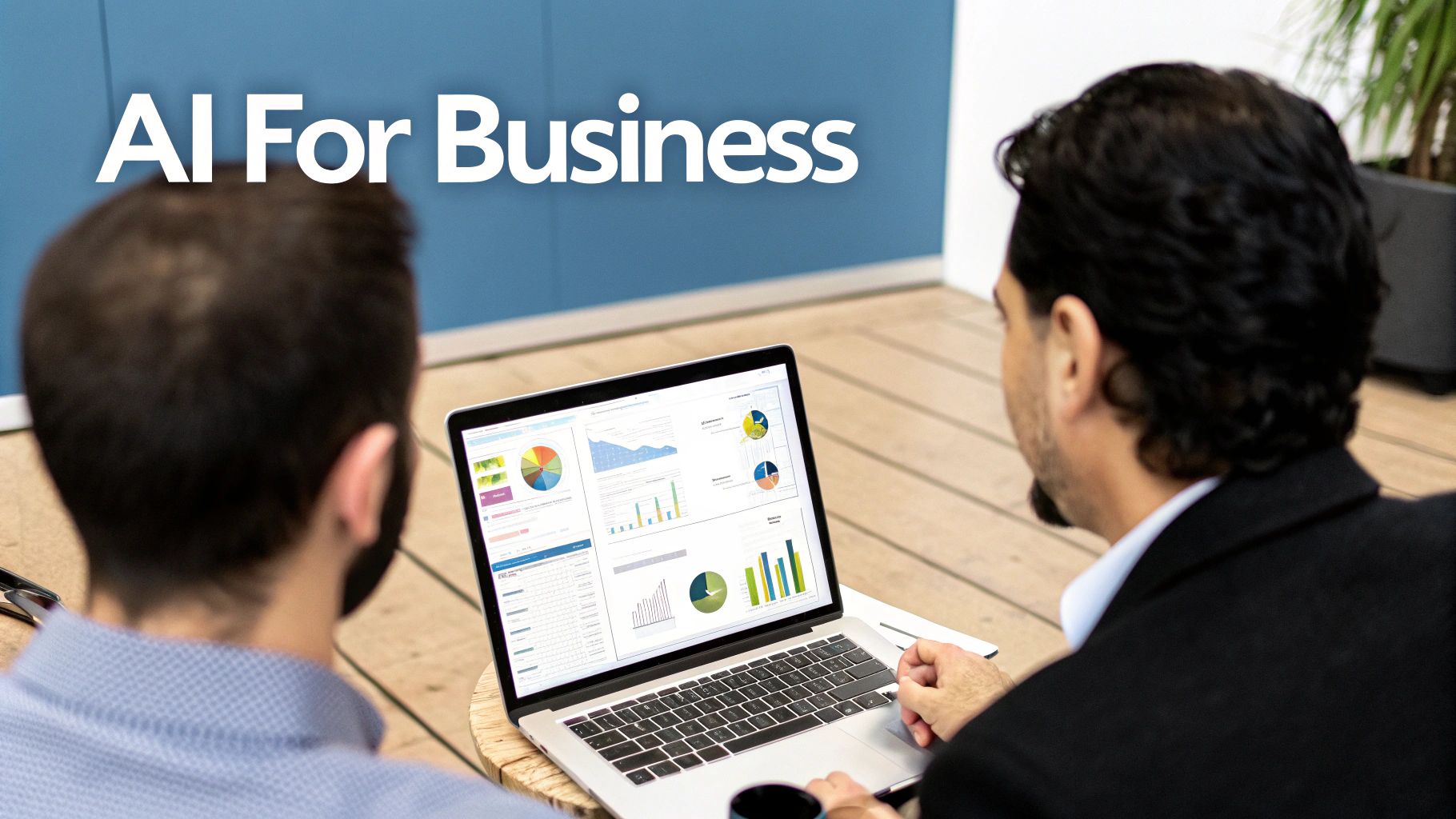 A team collaborating around a desk with AI-powered analytics on a screen