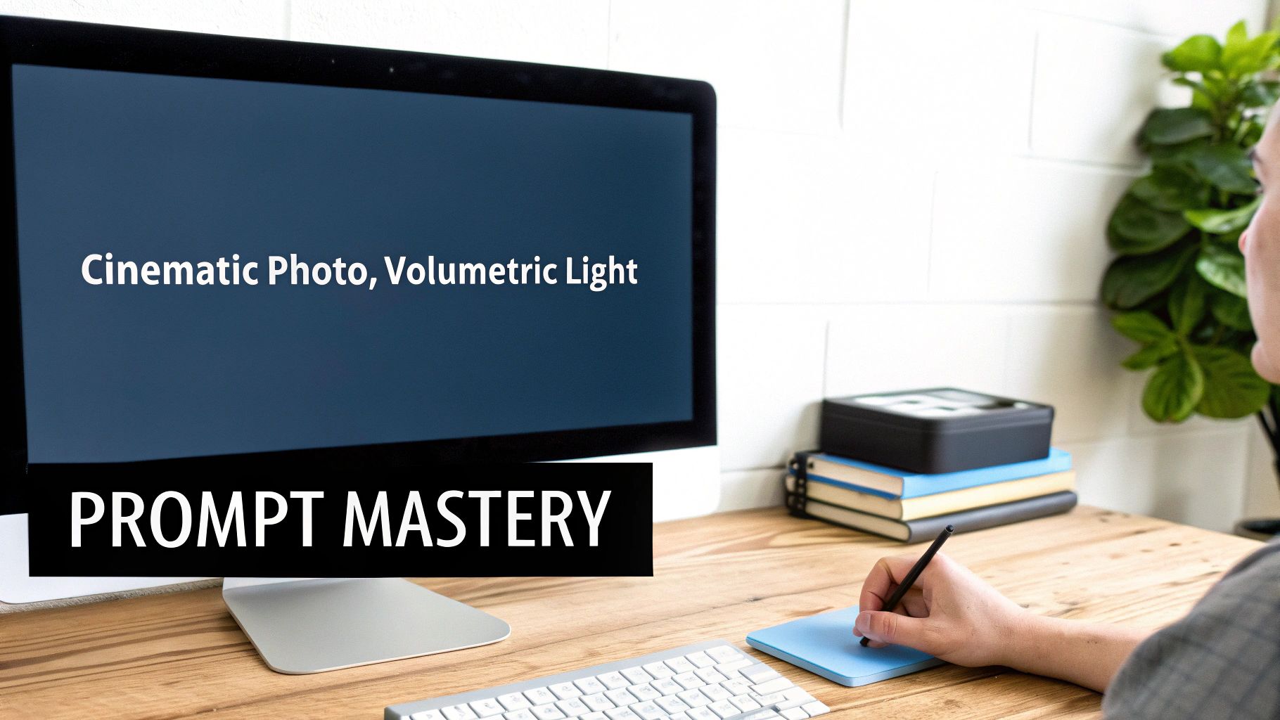 A person at a desk looking at a monitor displaying 'Cinematic Photo, Volumetric Light' and 'PROMPT MASTERY'.