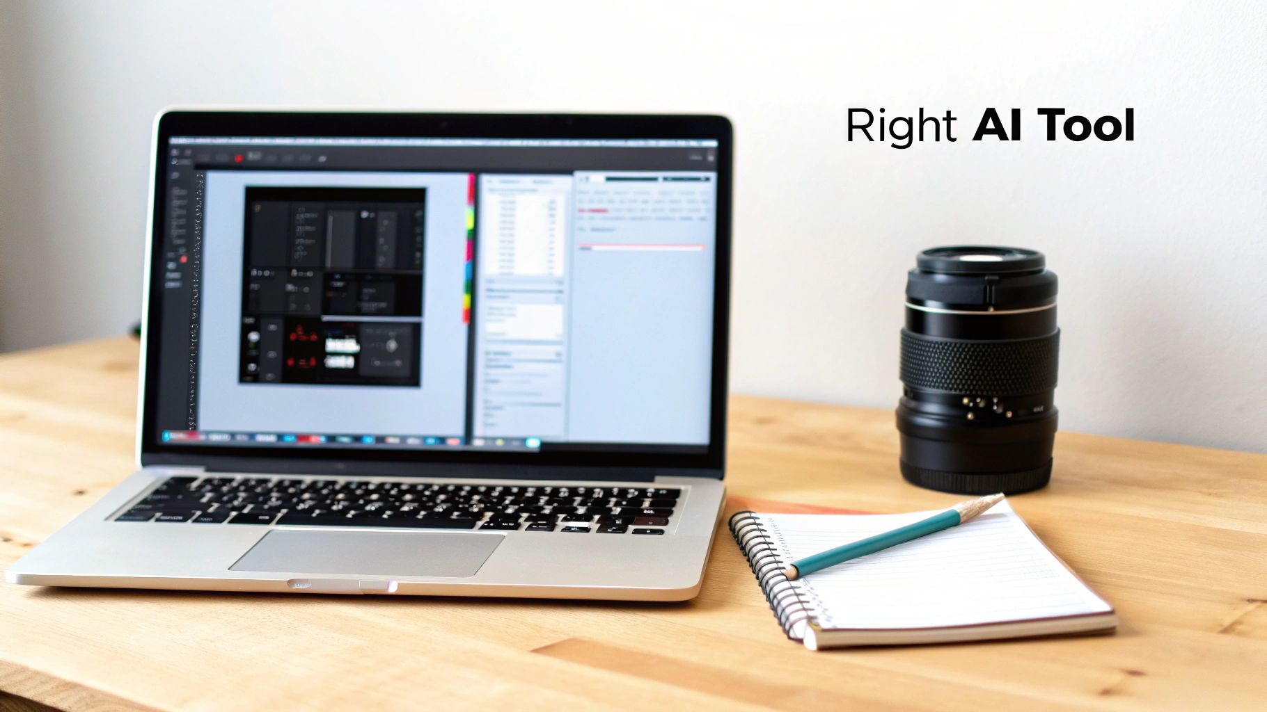 A laptop displaying creative software, a camera lens, a notebook, and a pencil on a wooden desk, with 'Right AI Tool' text.