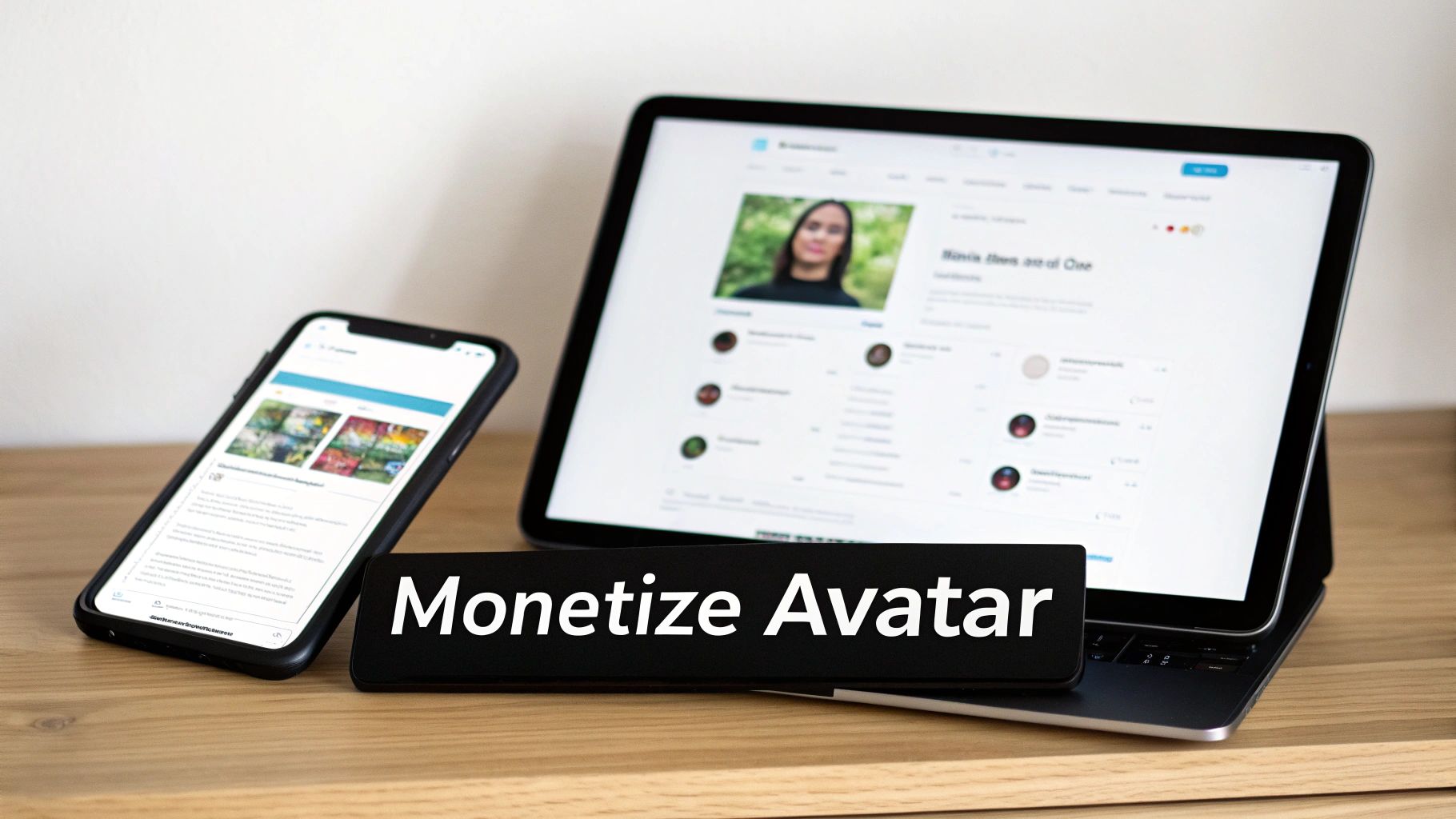 Smartphone and laptop on a desk displaying profile pages, with a 'Monetize Avatar' sign.