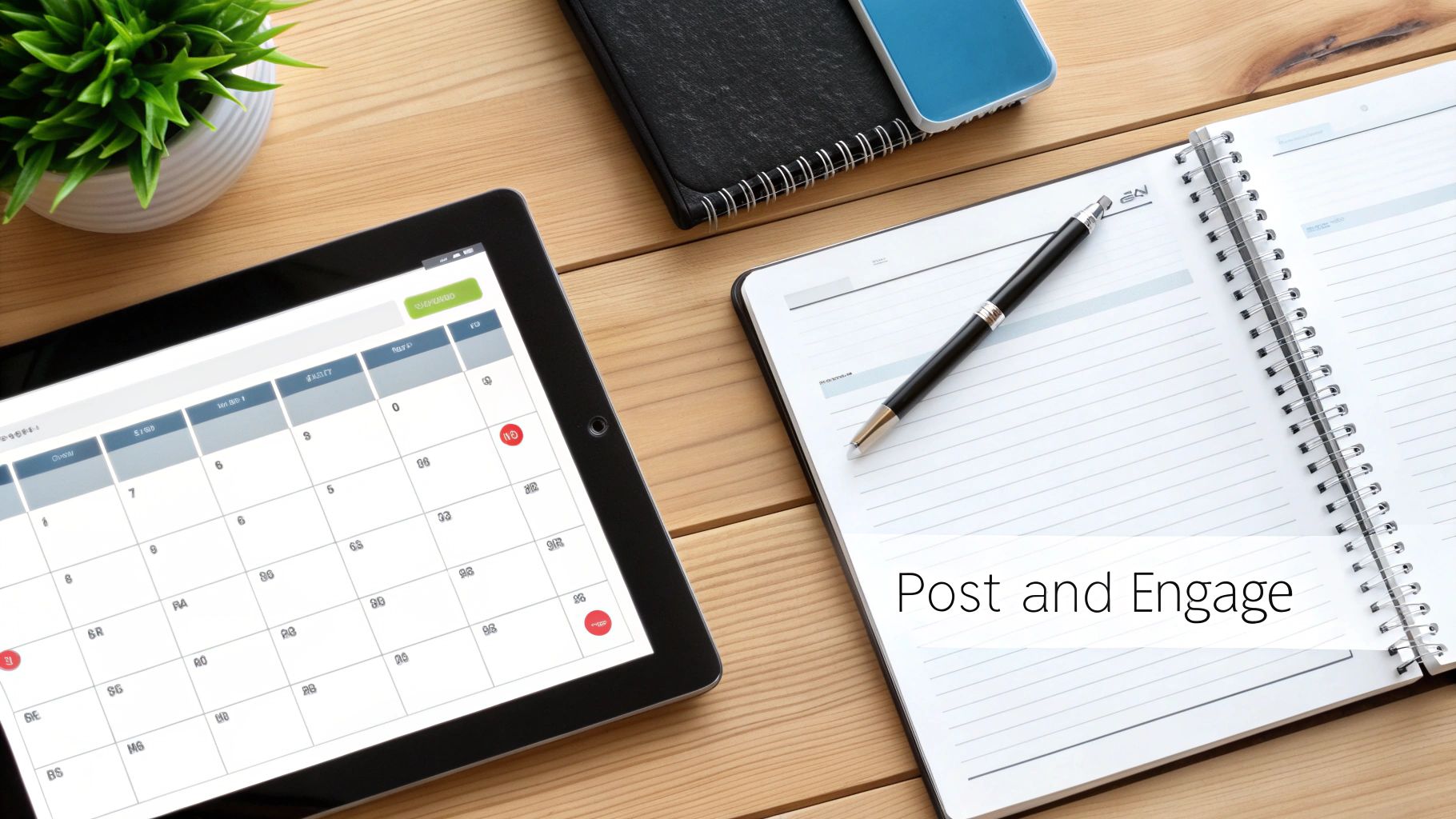 A wooden desk with a tablet displaying a calendar, a notebook with "Post and Engage" text, a pen, and a plant, suggesting content planning.