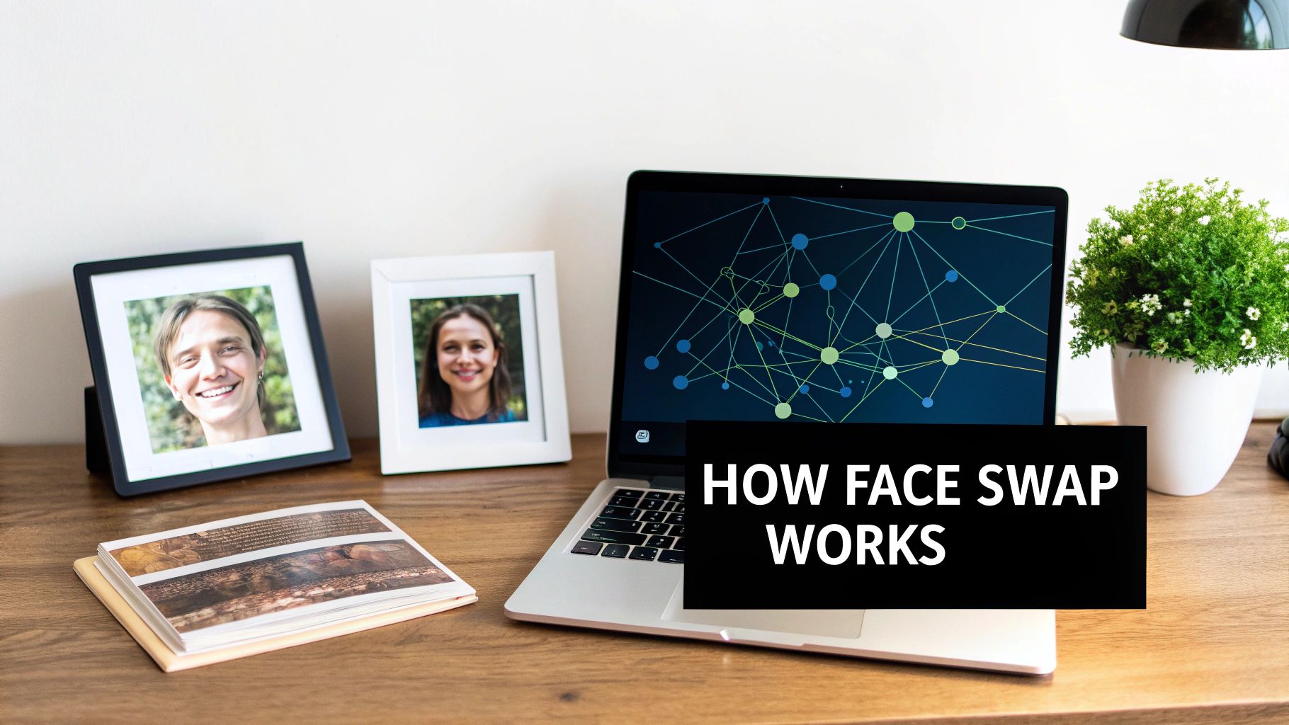 A stylized, abstract image showing interconnected neural networks and digital faces, representing AI face swap technology.