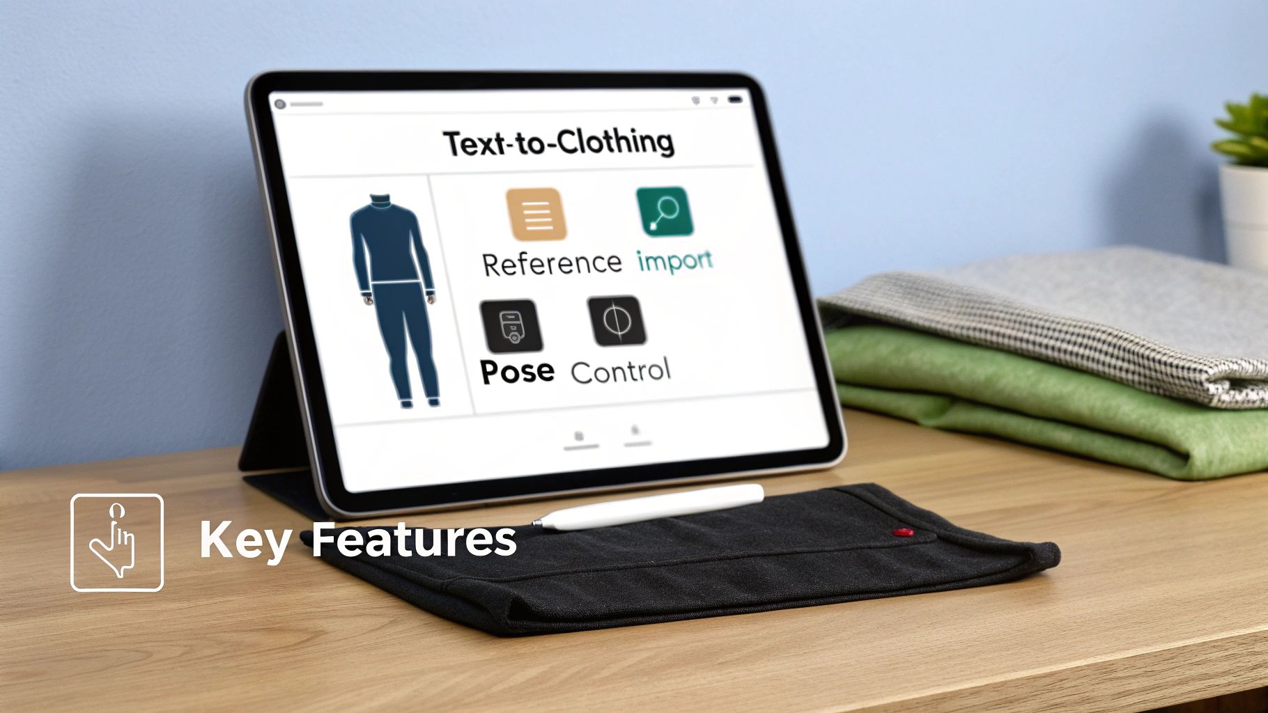 Tablet displaying text-to-clothing virtual outfit creator app interface with reference, import, pose, and control features