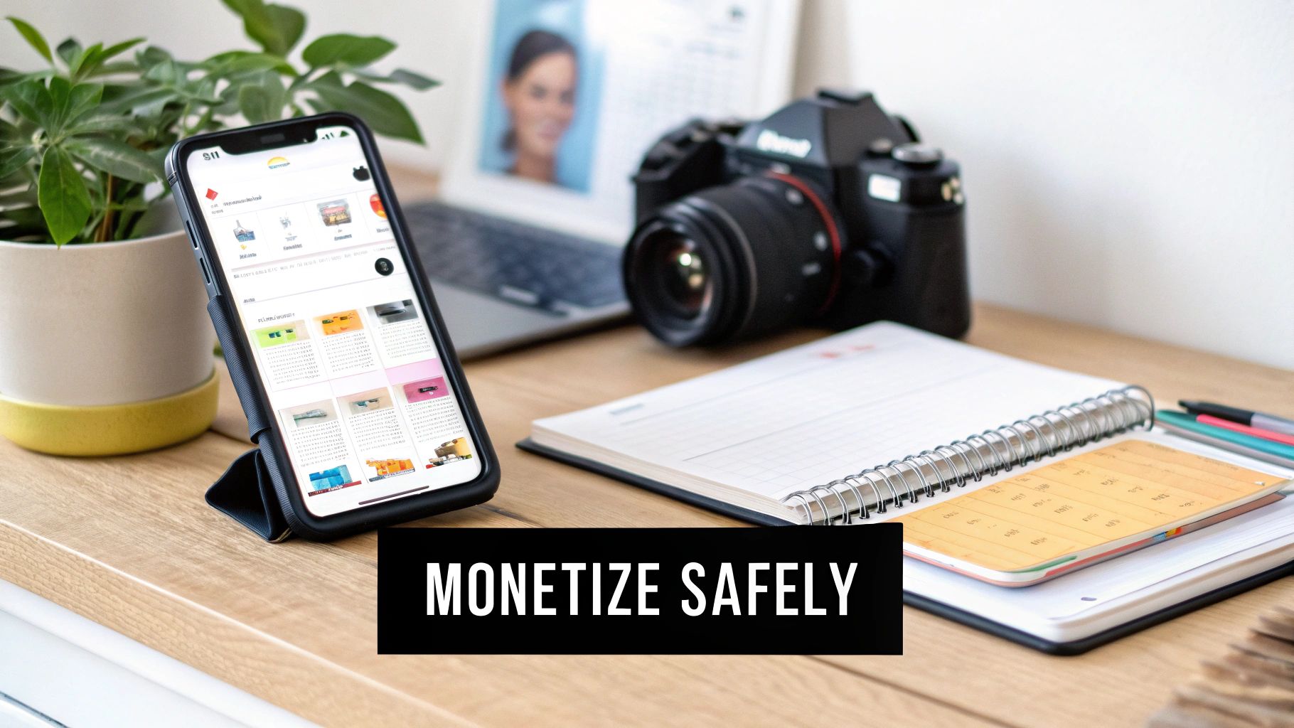 A professional desk setup featuring a smartphone, camera, laptop, and notebook for digital work.