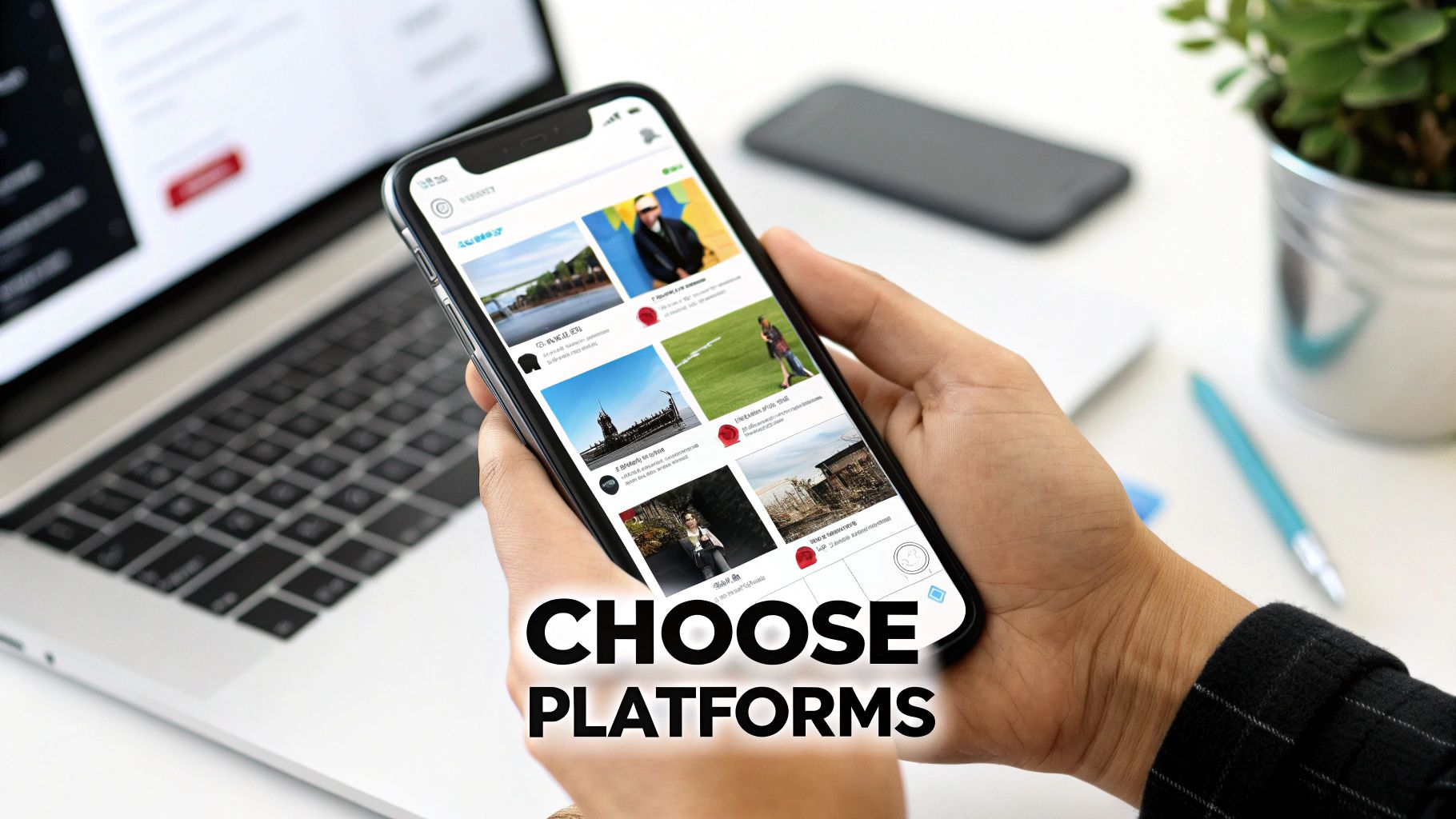 A person holds a smartphone displaying a social media feed with a laptop and desk items in the background.