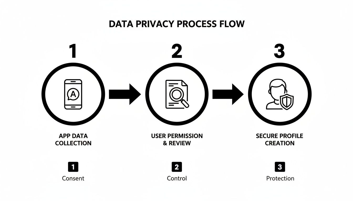 A data privacy process flow showing app data collection, user permission and review, and secure profile creation.