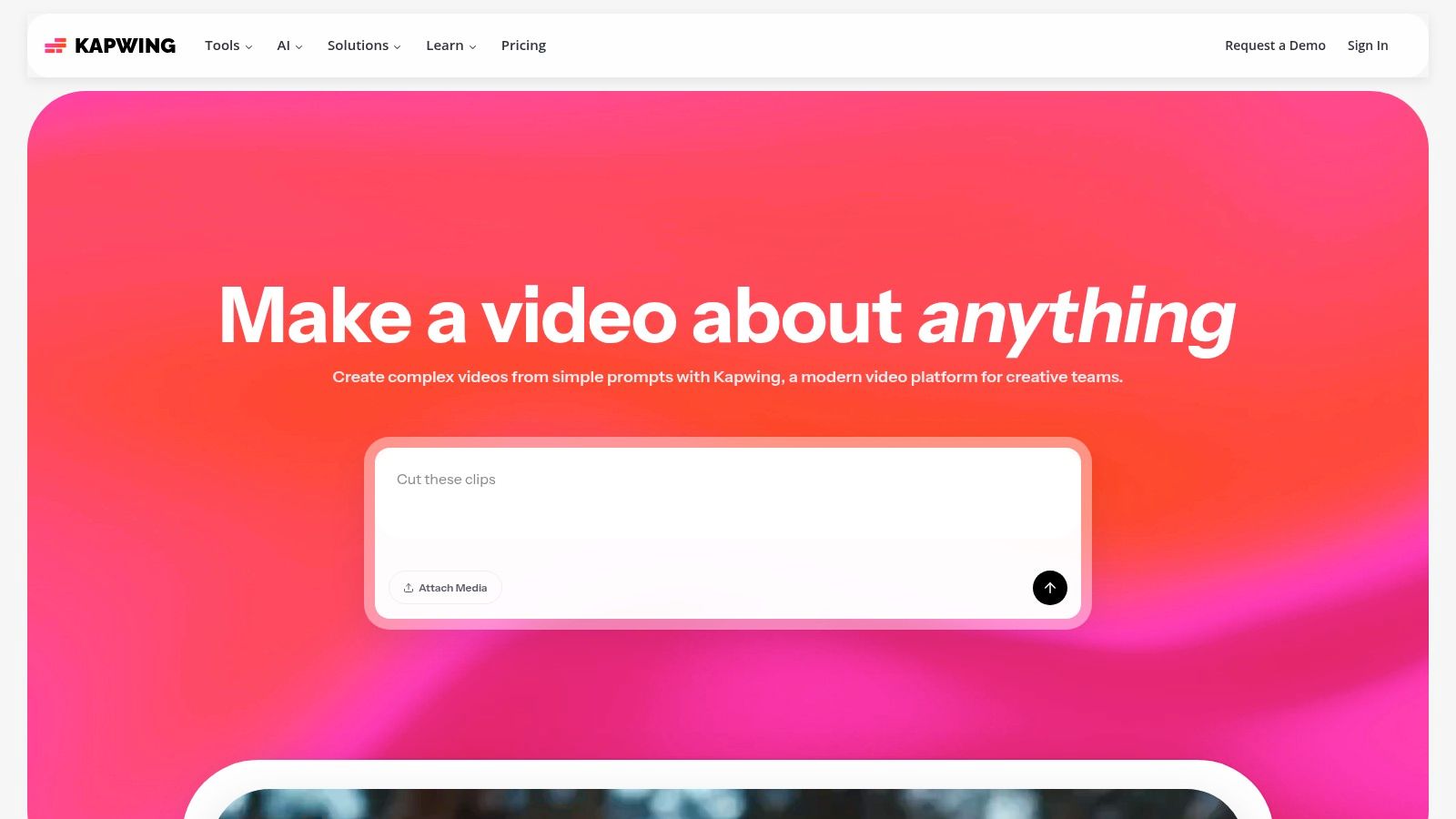 A demonstration of Kapwing's AI-powered video editing interface, showing a timeline and editing tools.
