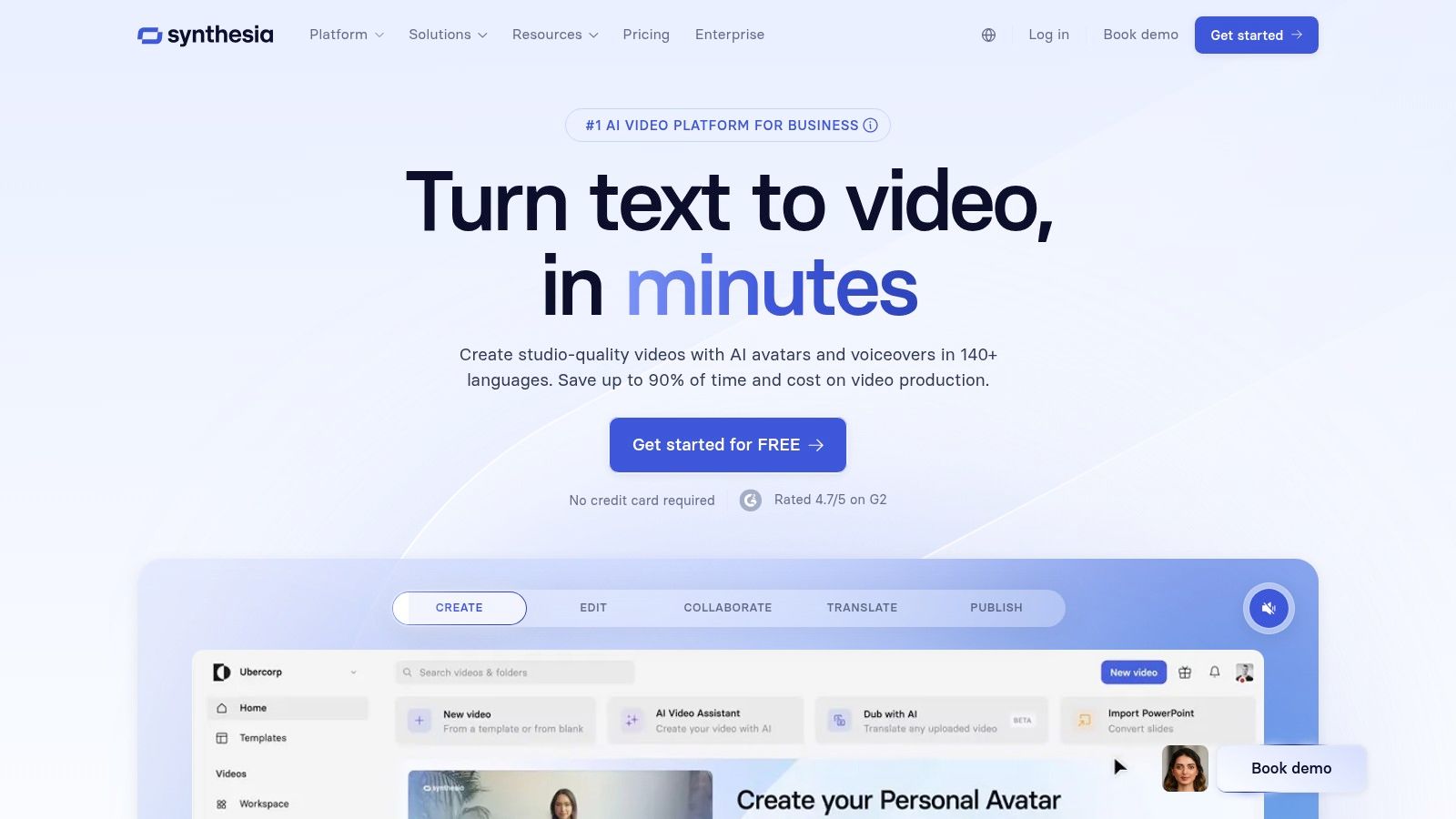 A professional AI avatar presenting information in a corporate setting, created with Synthesia.