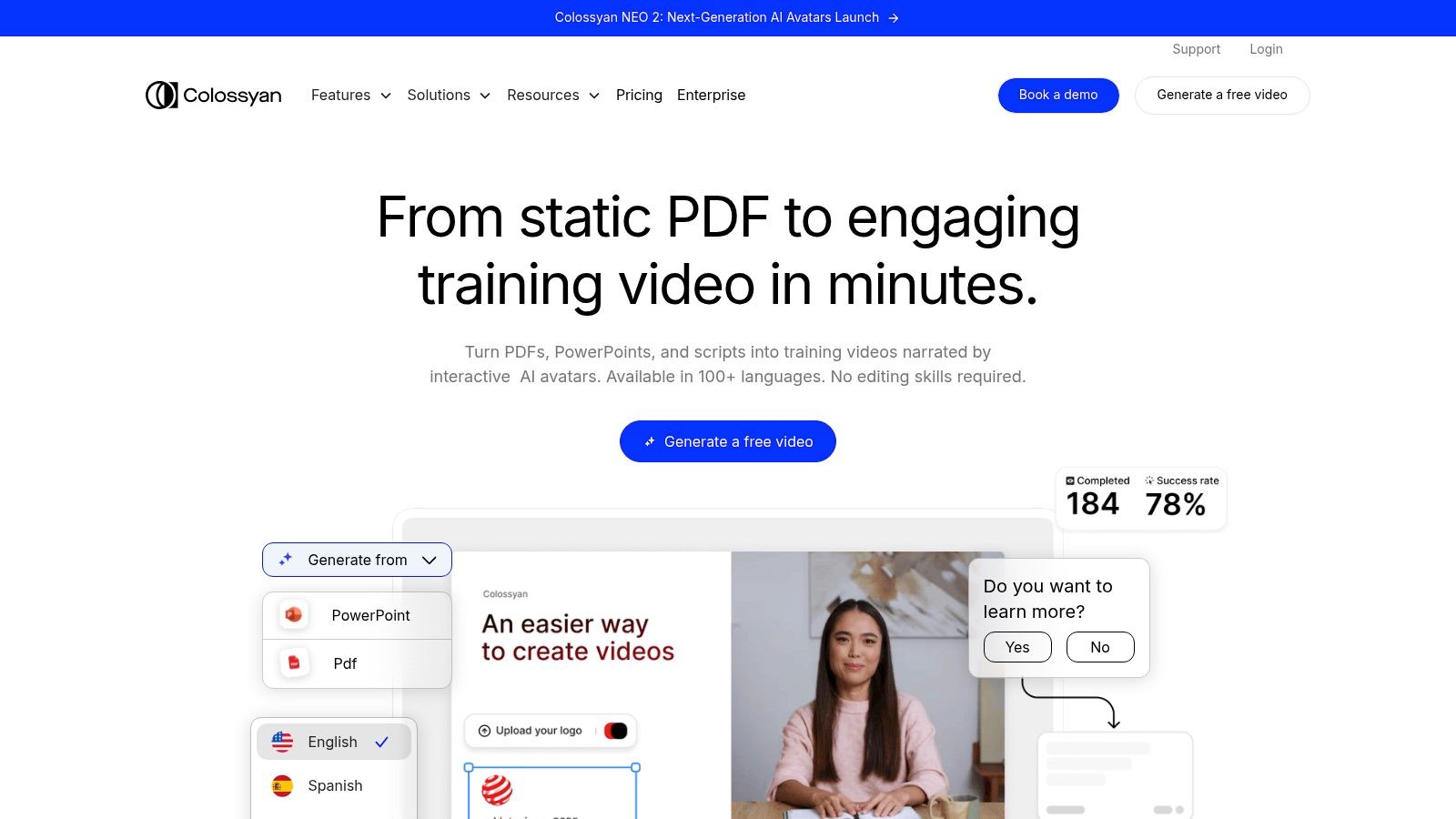 A screenshot of the Colossyan AI video generator interface showing an AI avatar and script editor.