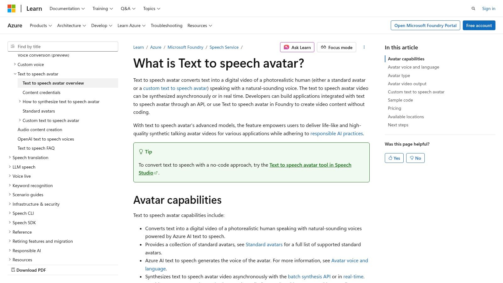 Microsoft Azure AI Speech Avatars (Speech Studio / Foundry)