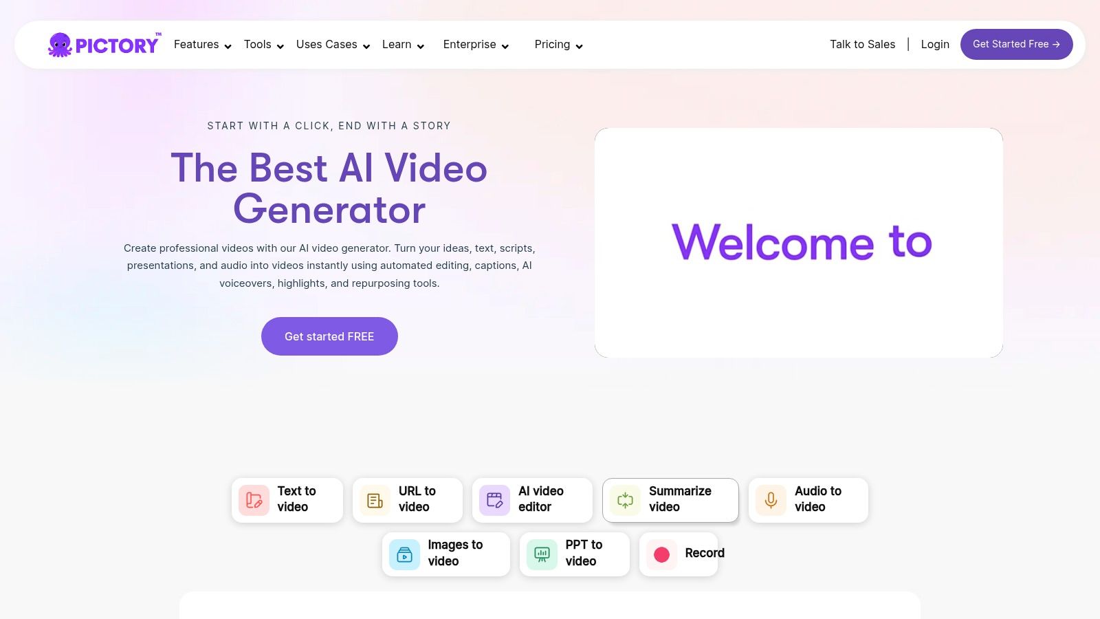 The Pictory AI video generator interface showing script editing and video preview panels.