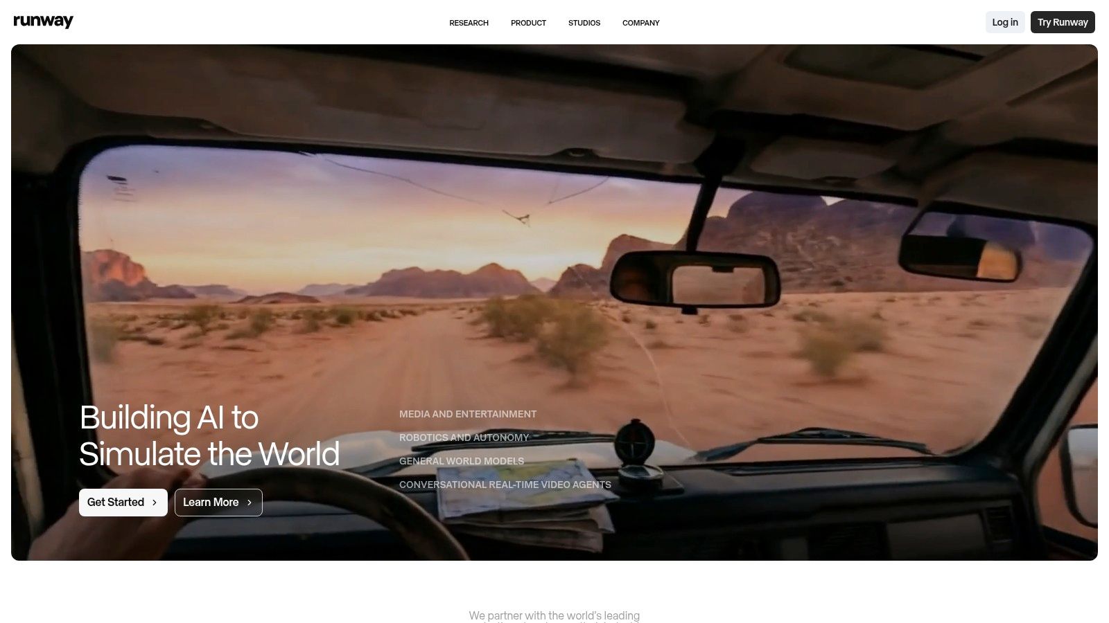 A cinematic AI-generated video still showing a car driving through a vast desert, created with Runway.