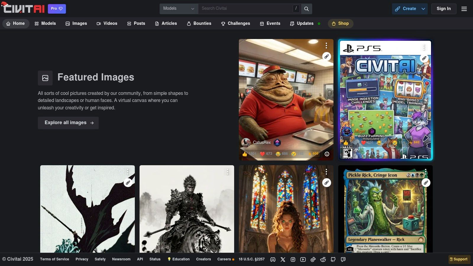 A gallery of AI-generated art on the Civitai platform, showcasing various styles from photorealistic portraits to anime characters.