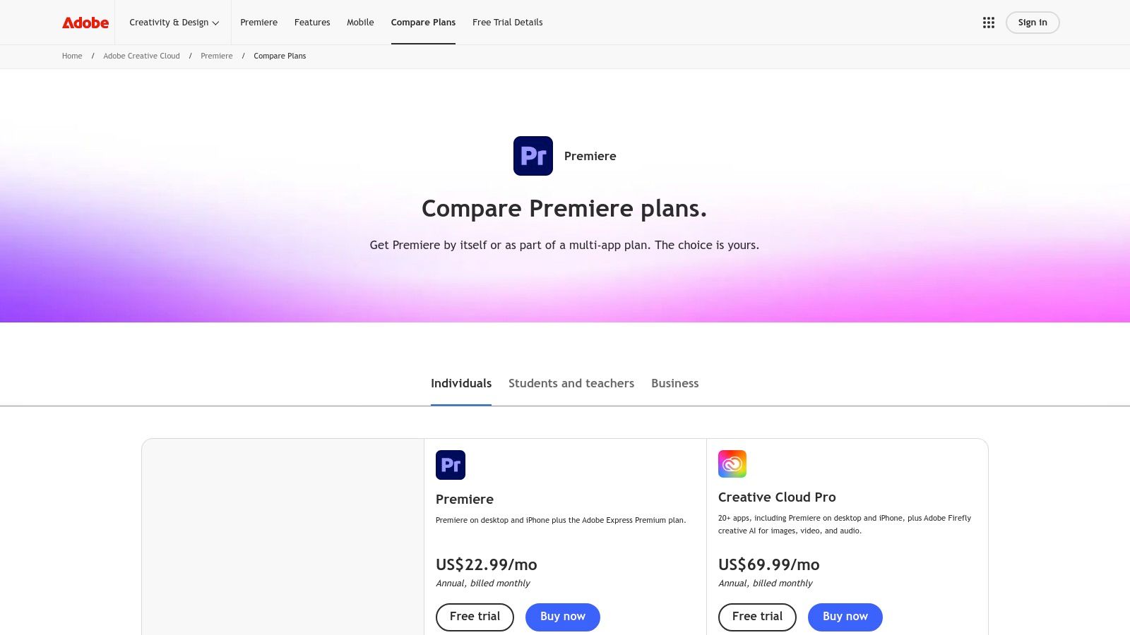 Adobe Premiere Pro + Creative Cloud Pro (with Firefly credits)