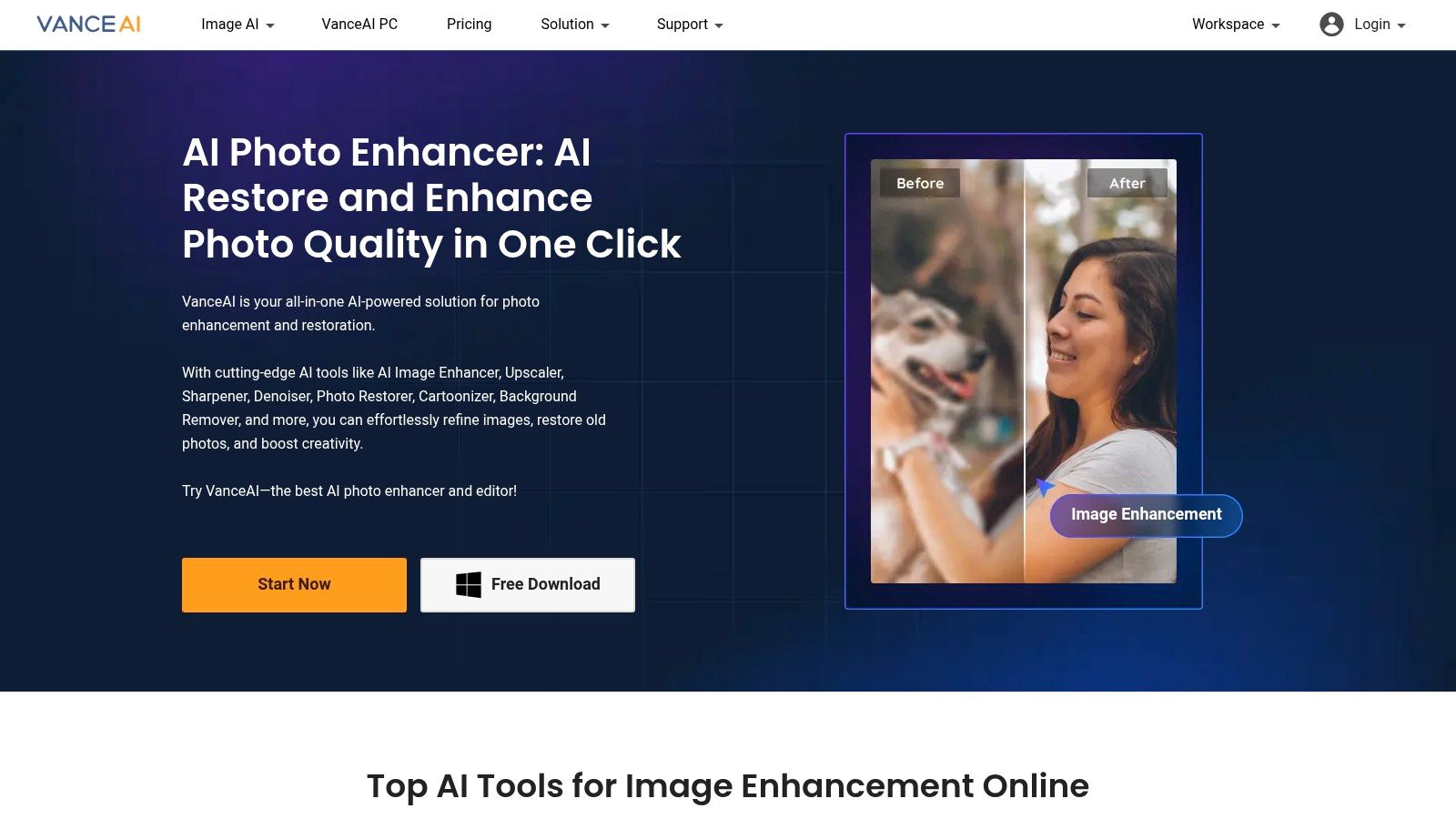 The VanceAI Image Upscaler interface showing various AI photo tools