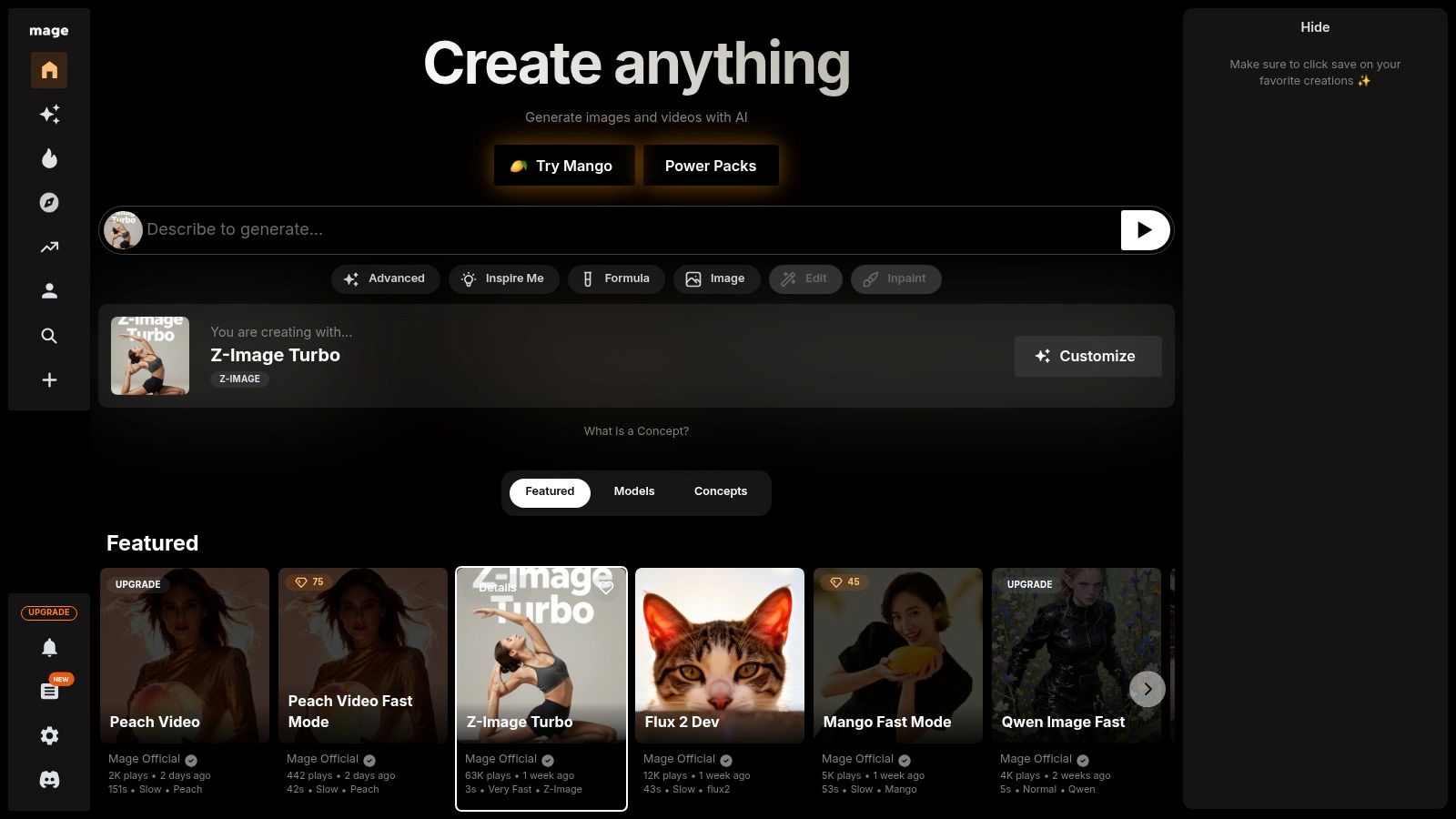 Mage.Space user interface showing an AI image generation workspace with a prompt for a female character.