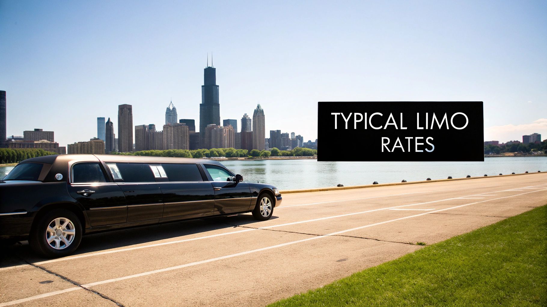 A black stretch limousine on a road with a city skyline and water. An overlay displays 'Typical Limo Rates'.