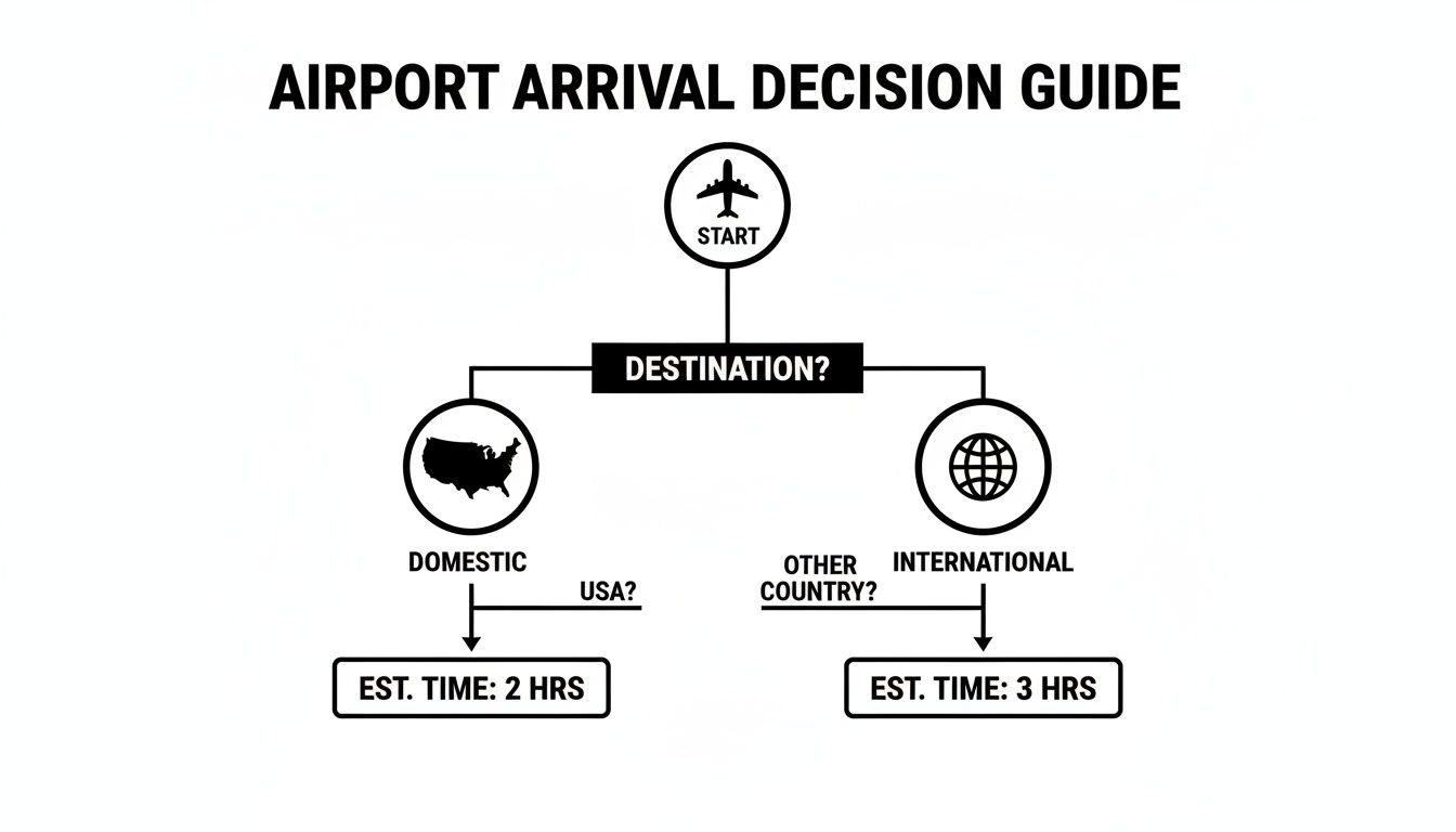 Flowchart illustrating estimated airport arrival times for domestic (2 hours) and international (3 hours) flights.
